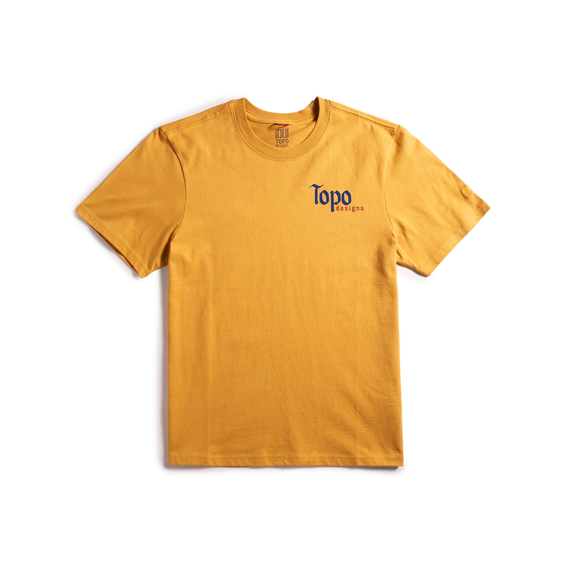 Front flat lay image on white background of Topo Designs Peak Tee - Men's in "Goldenrod"