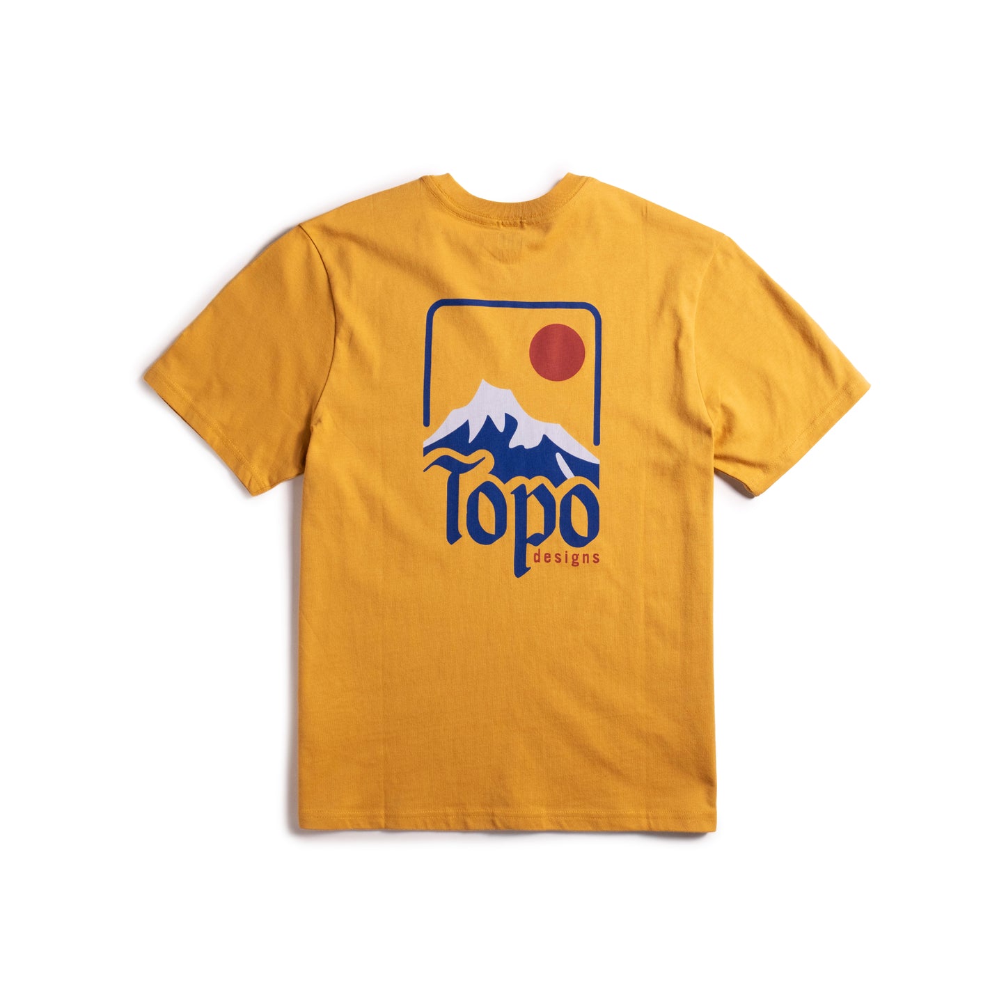 Front flat lay image on white background of Topo Designs Peak Tee - Men's in "Goldenrod"