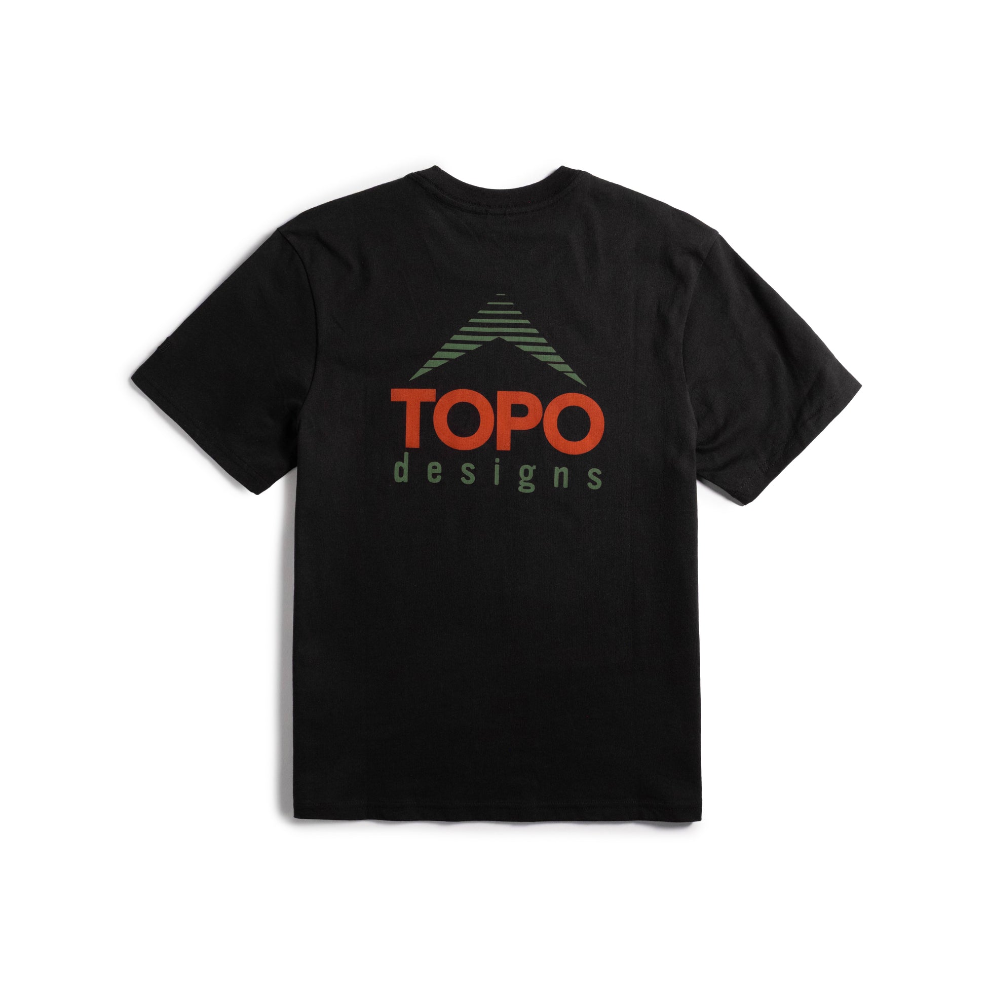 Back flat lay image on white background of Topo Designs Retro Icon Tee - Men's in "Black"