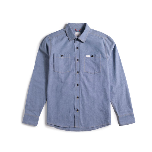 Front shot of Topo Designs Utility Shirt Chambray - Men's in "Blue Chambray"