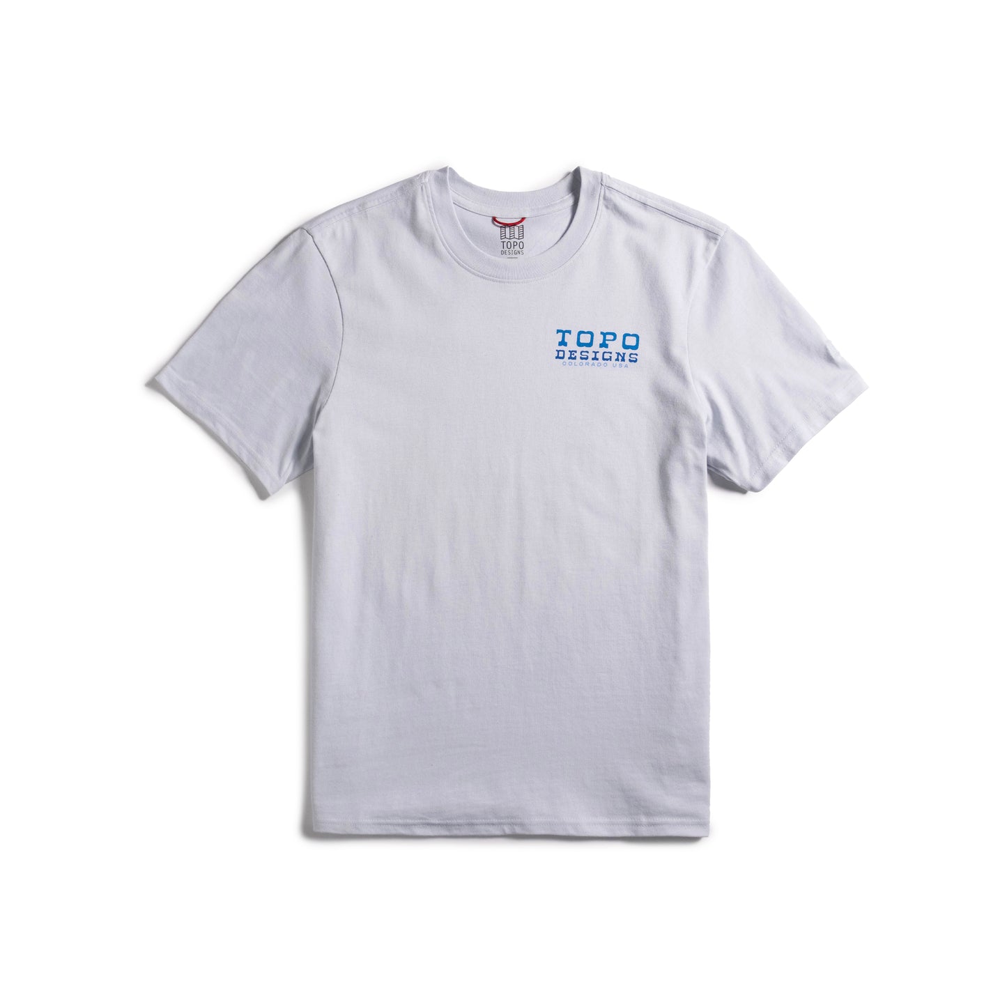 Front flat lay image on white background of Topo Designs Vintage View Tee - Men's in "Breeze Blue"