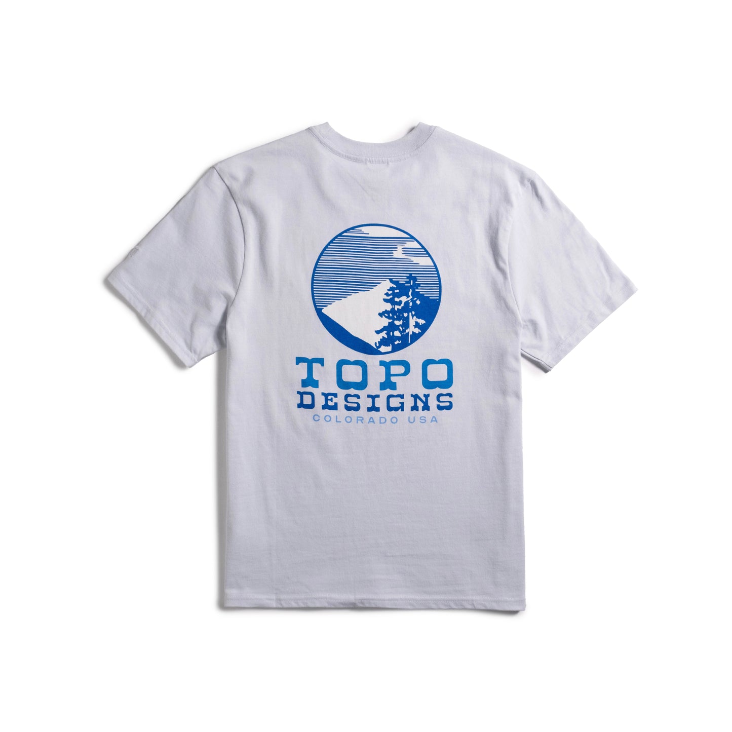 Back flat lay image on white background of Topo Designs Vintage View Tee - Men's in "Breeze Blue"