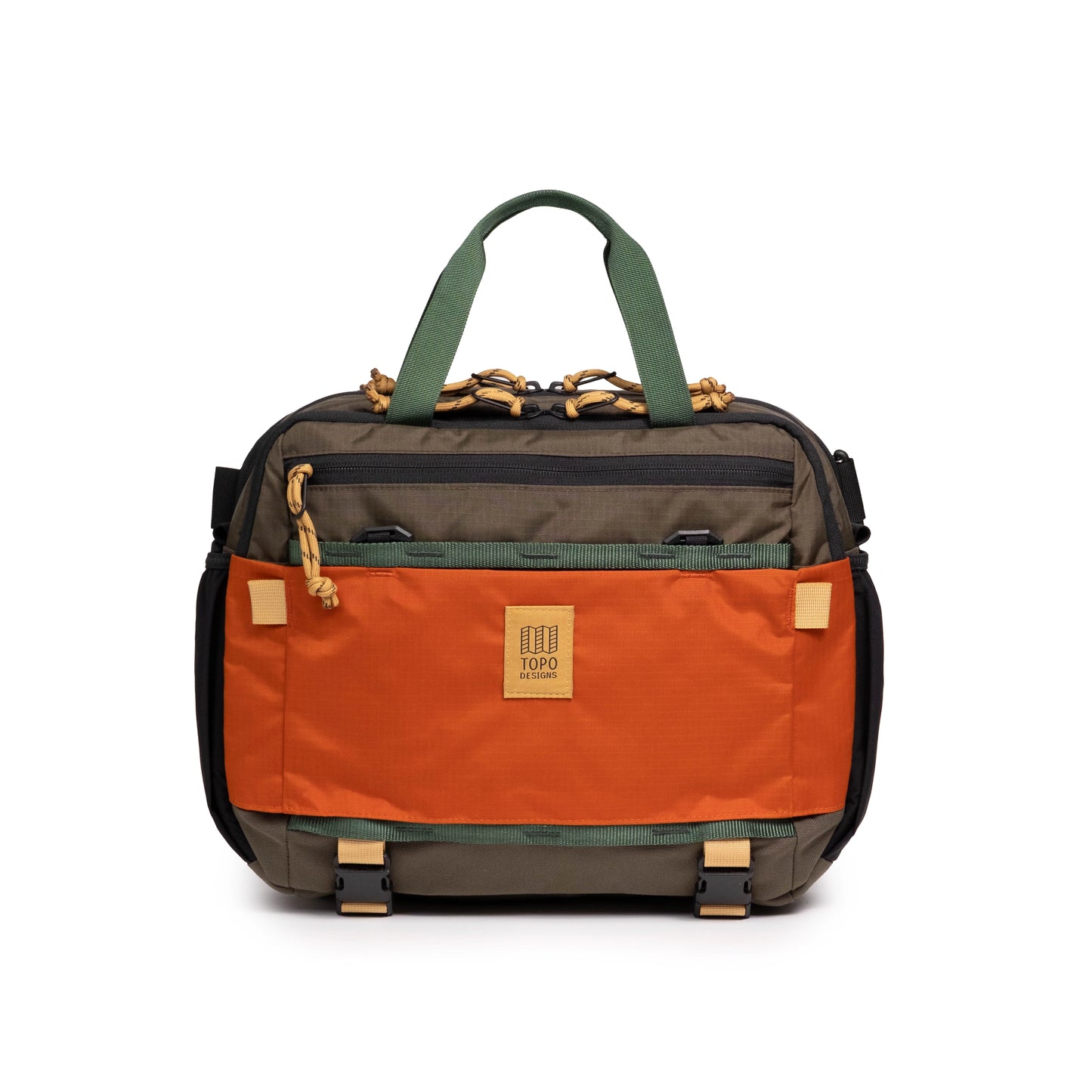 Front View of Topo Designs Mountain Cross Bag in "Woodland / Terracotta"