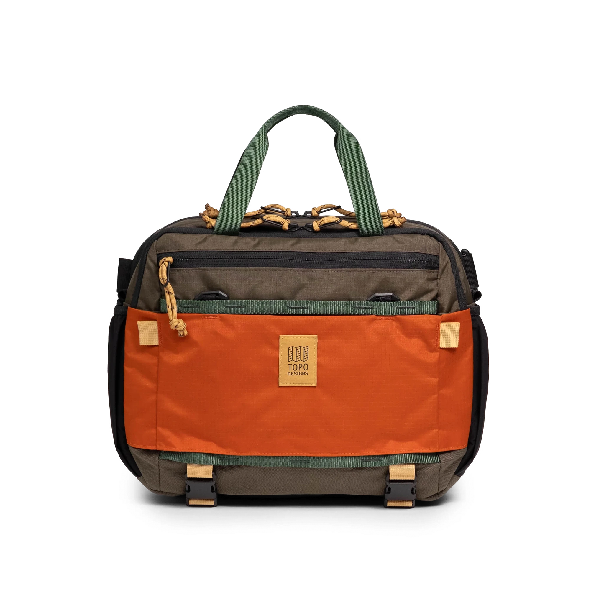 Front View of Topo Designs Mountain Cross Bag in "Woodland / Terracotta"