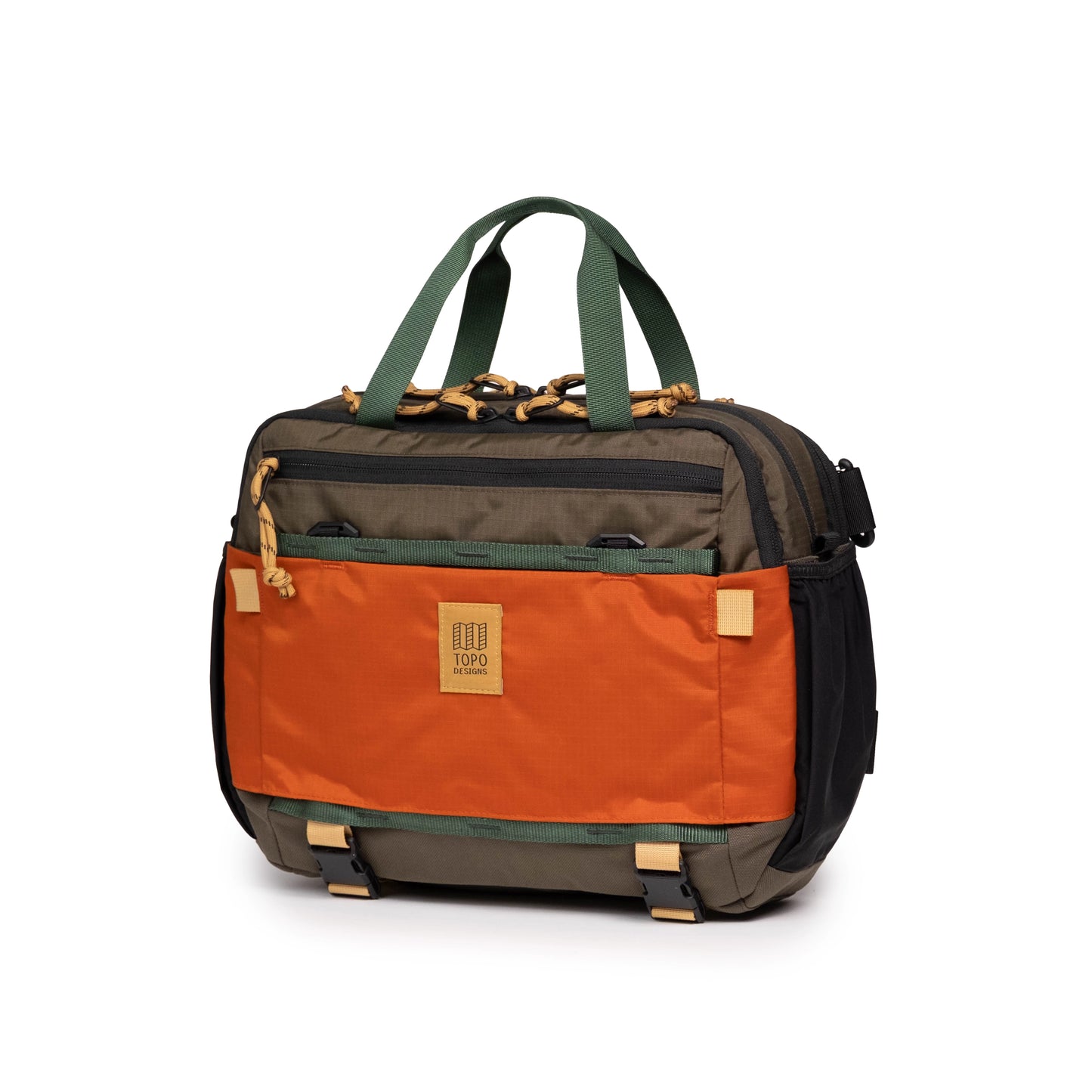Quarter View of Topo Designs Mountain Cross Bag in "Woodland / Terracotta"
