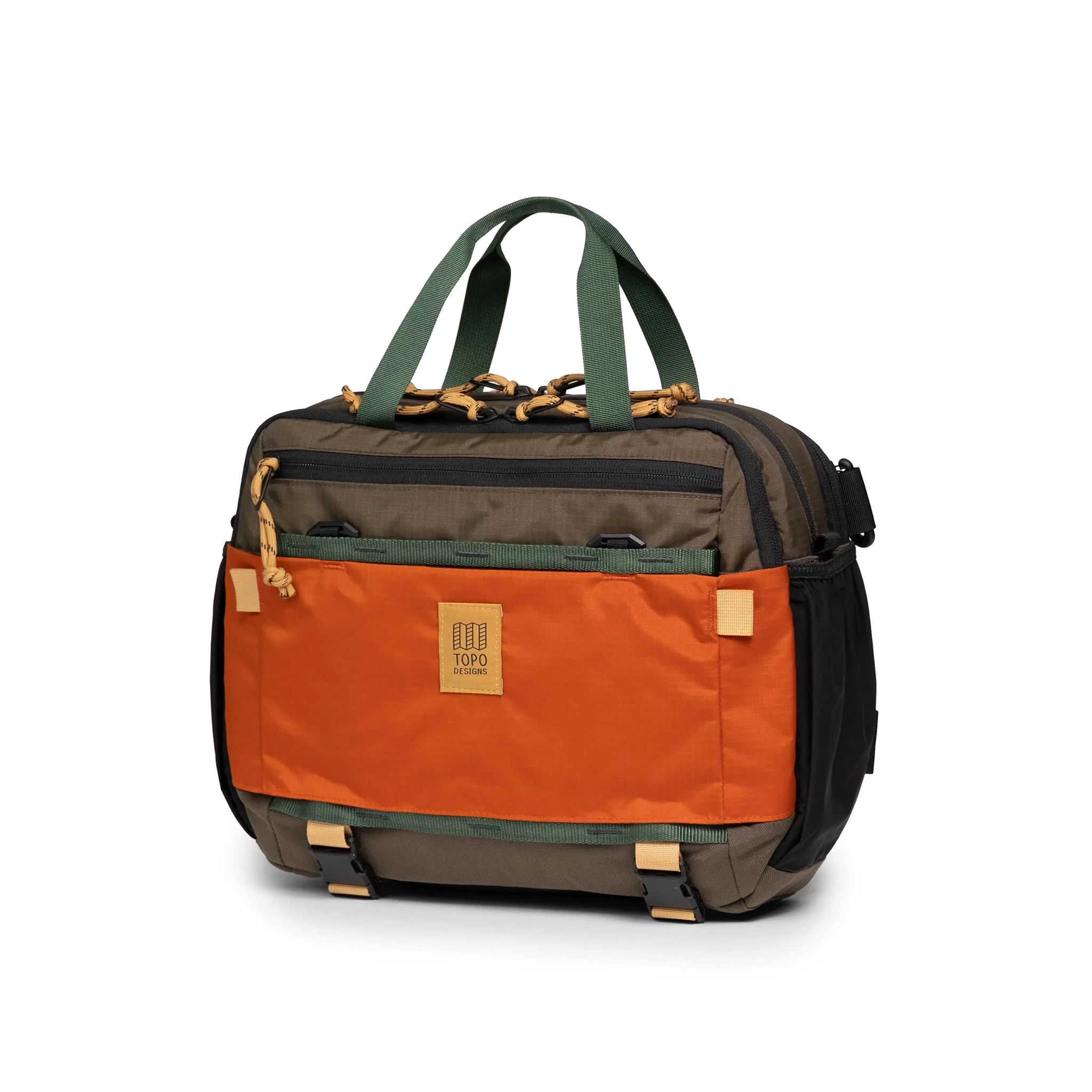 Quarter View of Topo Designs Mountain Cross Bag in "Woodland / Terracotta"