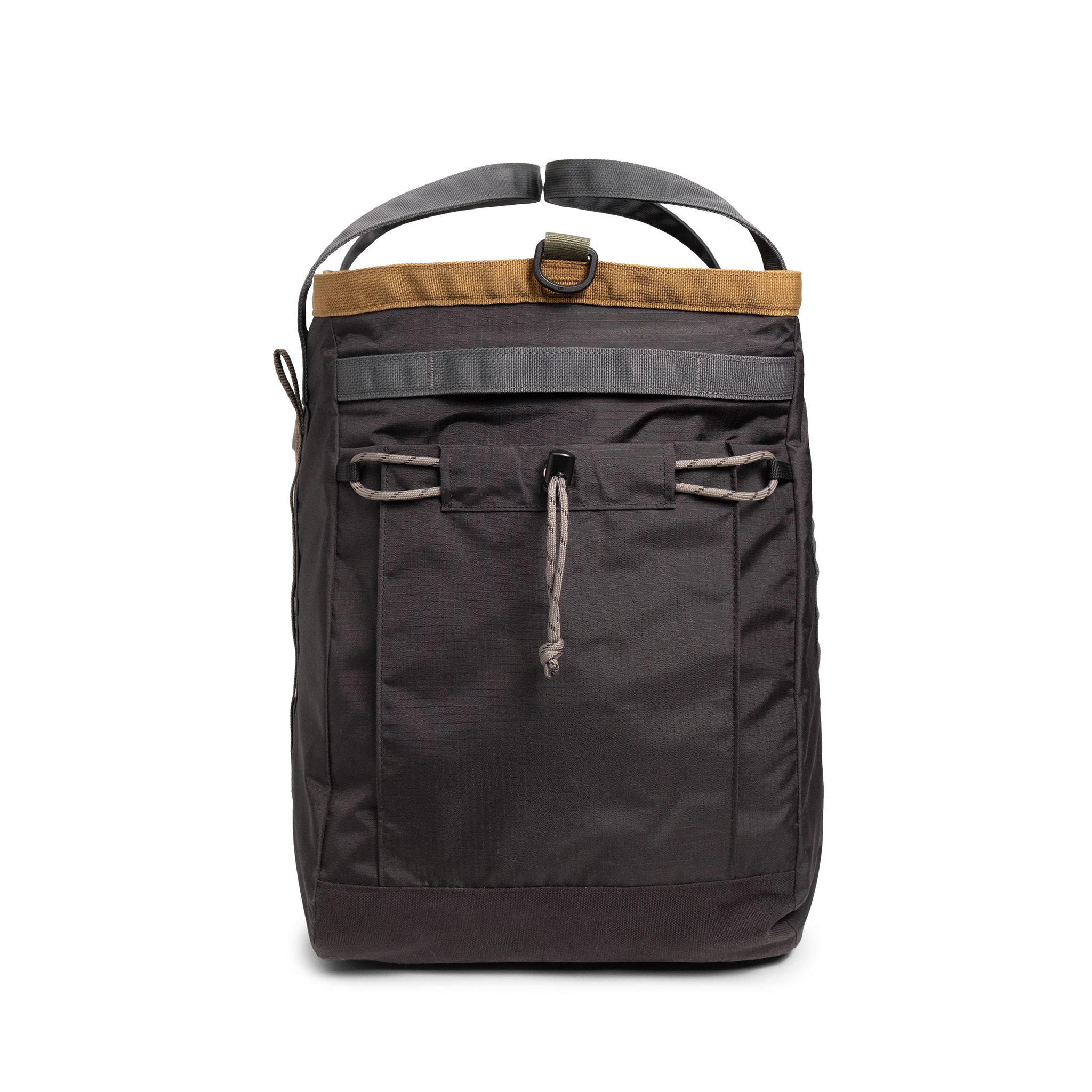 General detail shot of Topo Designs Mountain Gear Bag in "Black / Neutral" showing side pocket view.