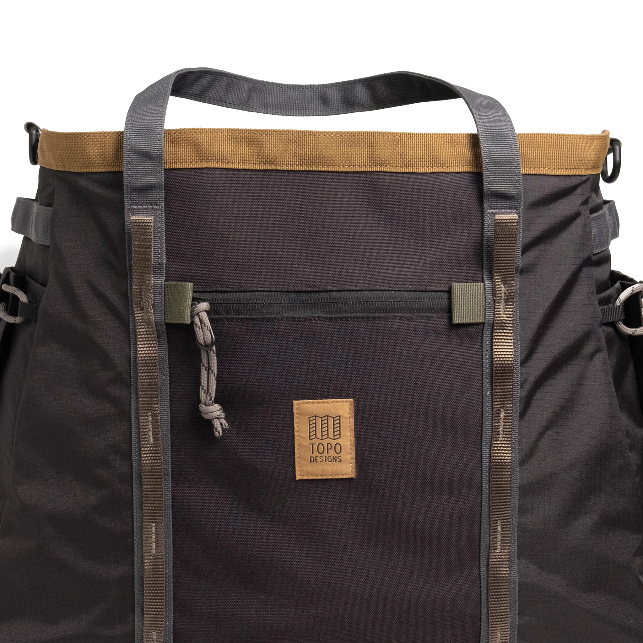 General detail shot of Topo Designs Mountain Gear Bag in "Black / Neutral" showing front of bag.