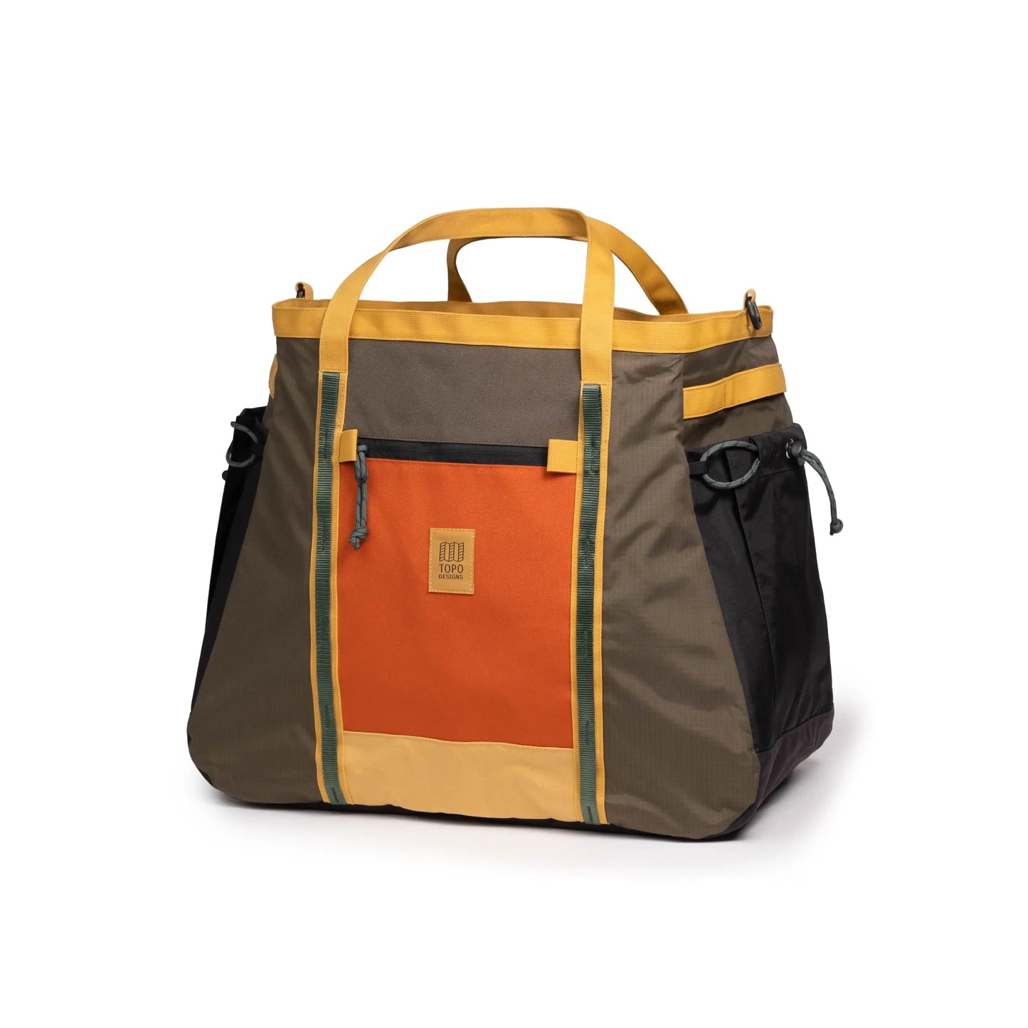 Quarter View of Topo Designs Mountain Gear Bag in "Woodland / Terracotta"