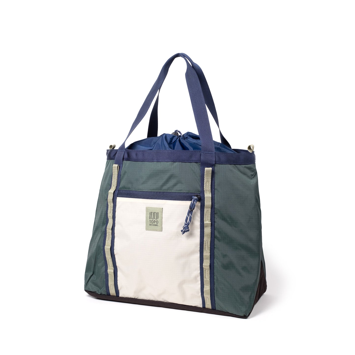 Quarter View of Topo Designs Mountain Utility Tote in "Forest / Bone White"