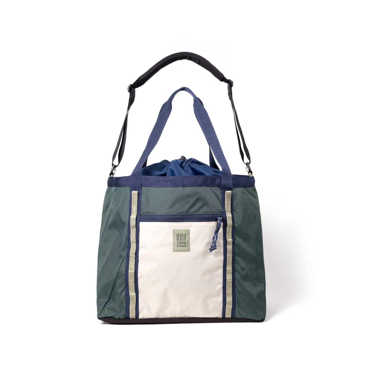 Front View of Topo Designs Mountain Utility Tote in "Forest / Bone White"