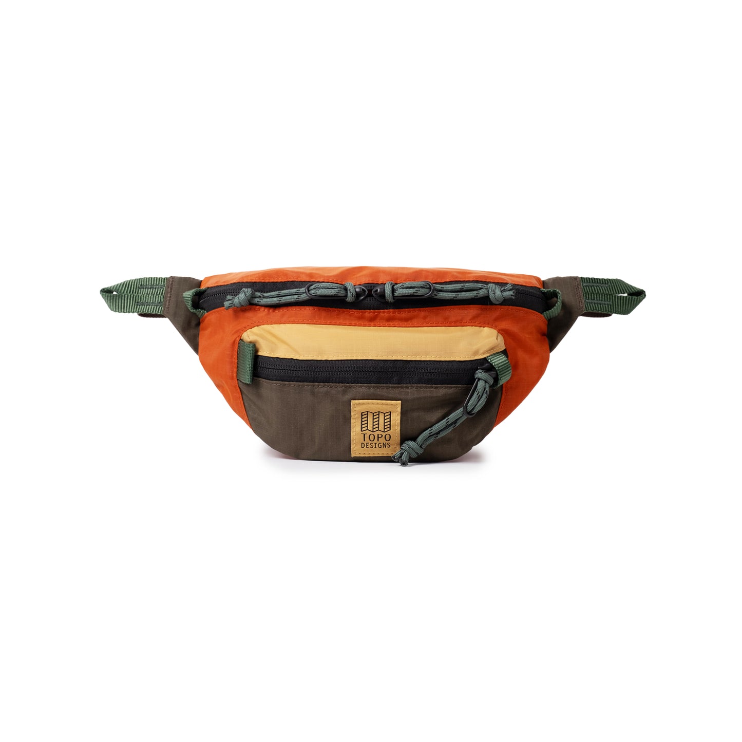 Front View of Topo Designs Mountain Waist Pack in "Woodland / Terracotta"
