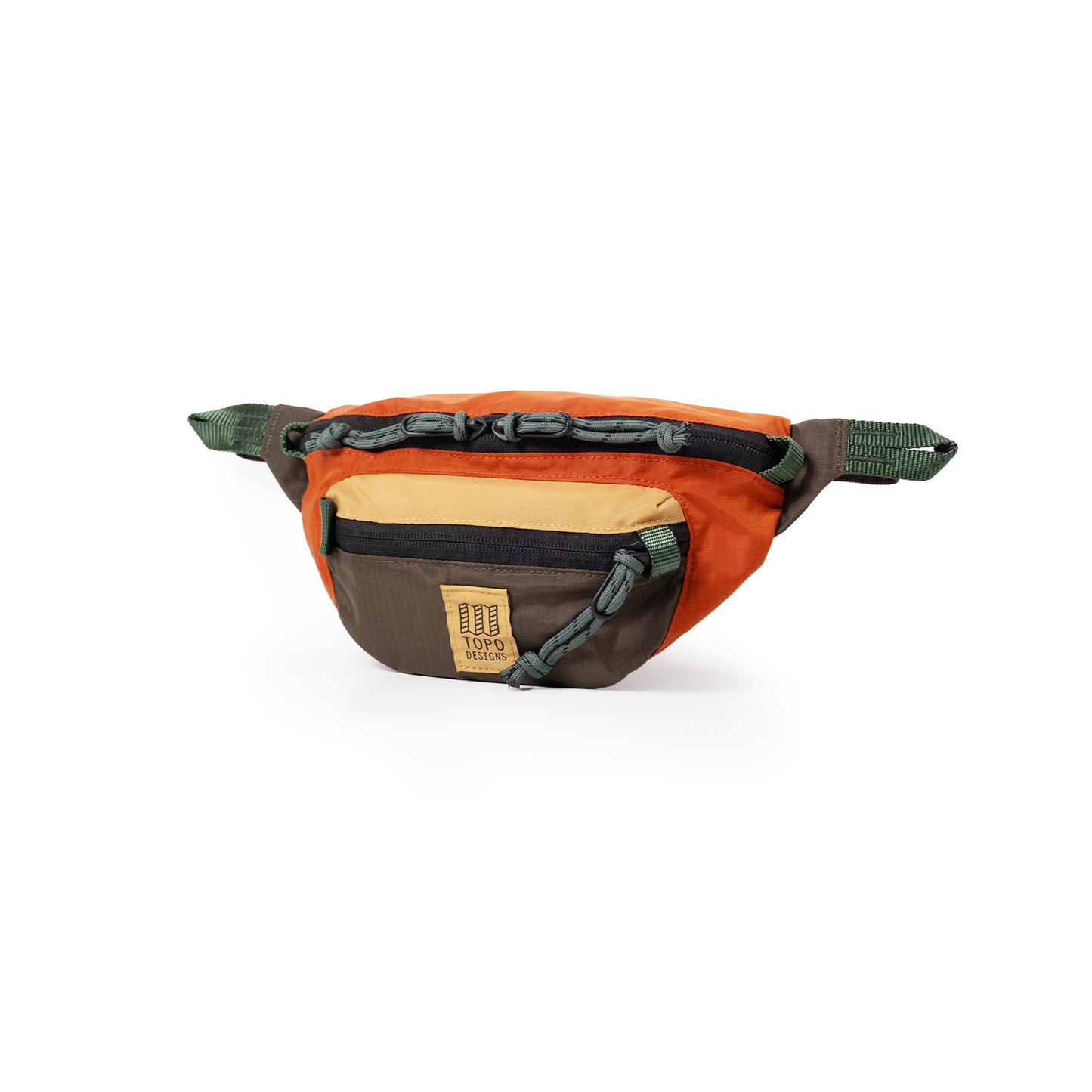 Front View of Topo Designs Mountain Waist Pack in "Woodland / Terracotta"