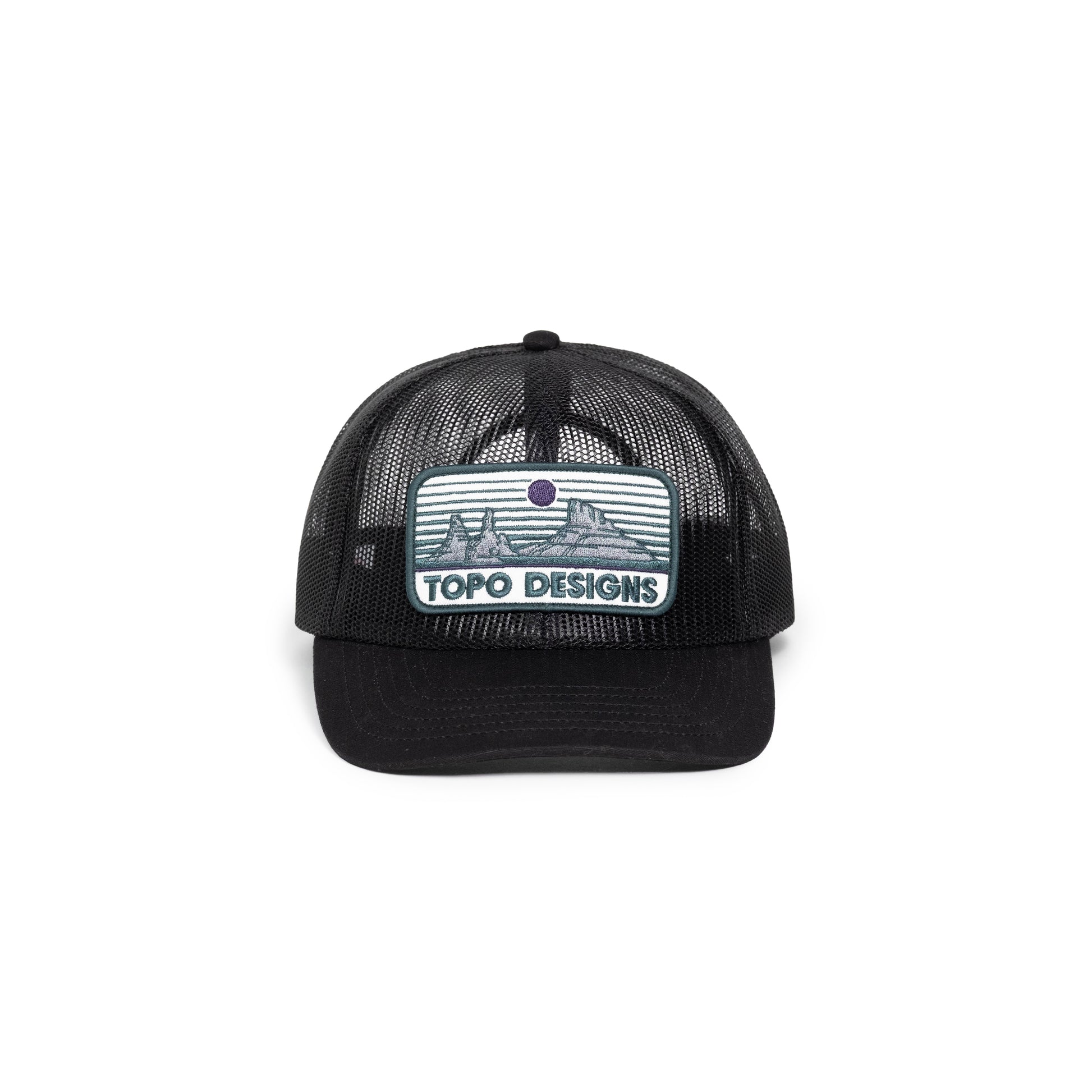 Front white background image of Topo Designs Patch Mesh Trucker - Desert Dusk in "Black"
