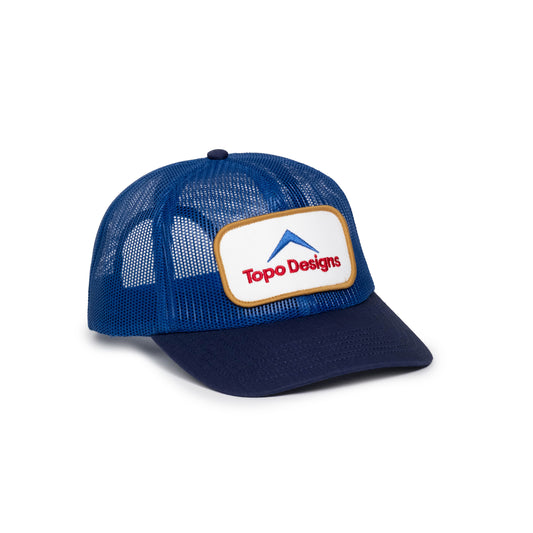 Front quarter white background image of Patch Mesh Trucker - Retro Icon hat in "French Blue"