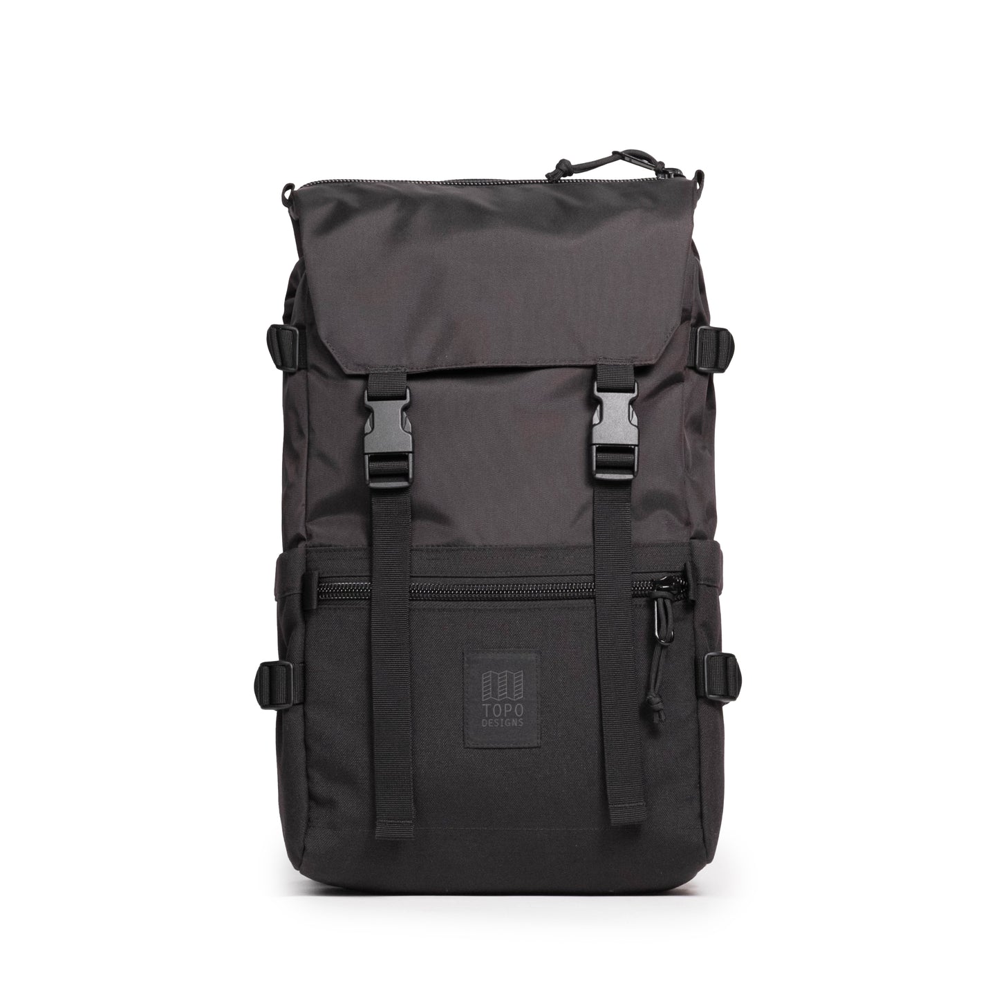 Front View of Topo Designs Rover Pack Classic in "Black / Black"