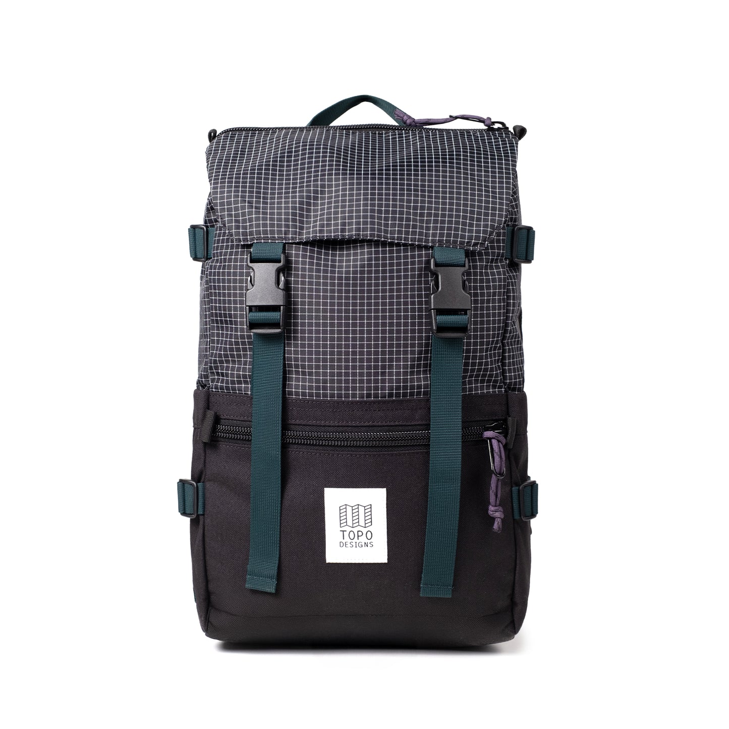 Front View of Topo Designs Rover Pack Classic in "Black / White Grid"