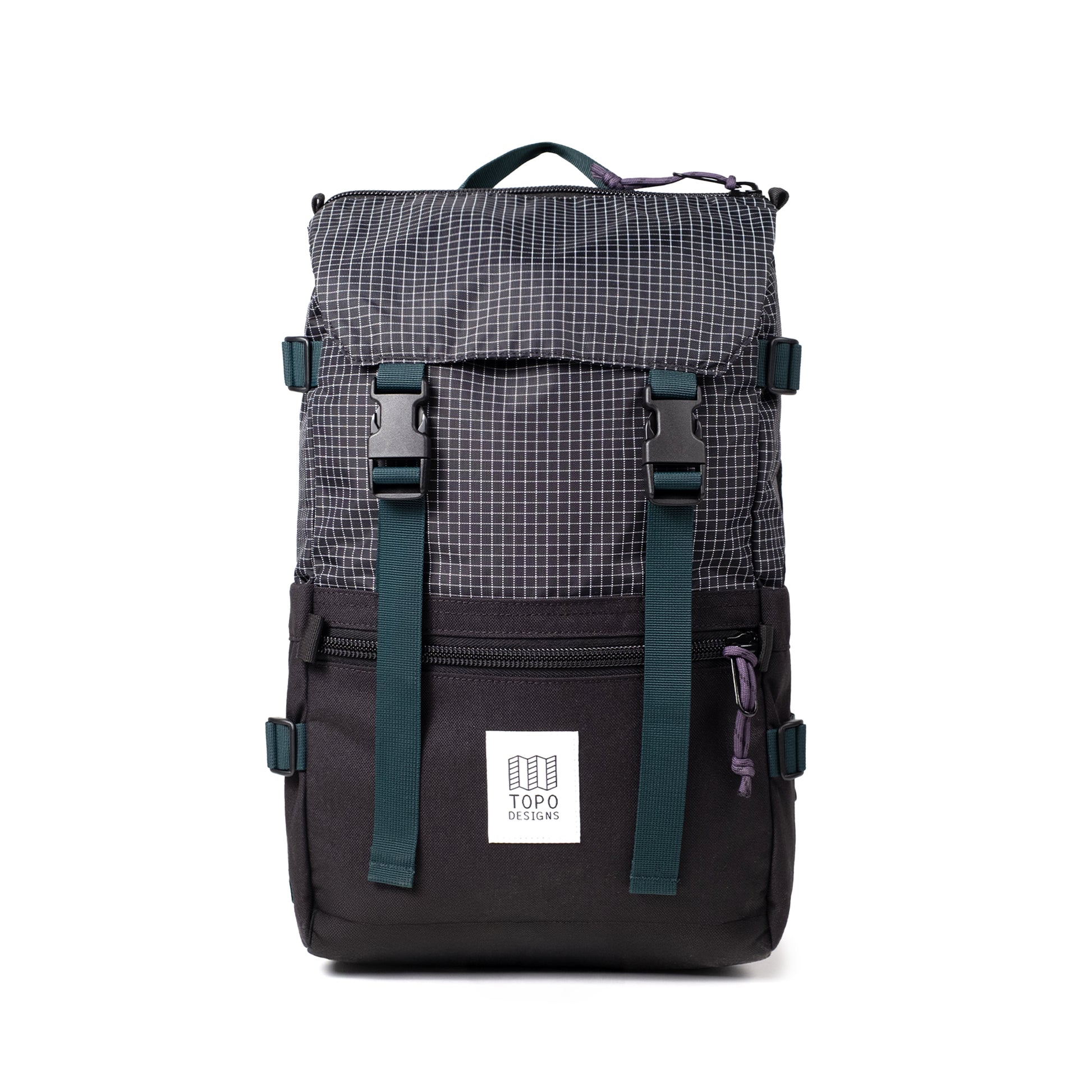 Front View of Topo Designs Rover Pack Classic in "Black / White Grid"