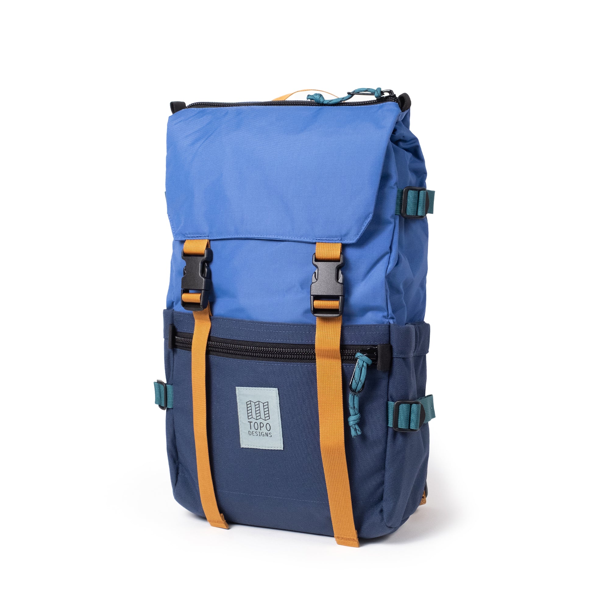Quarter View of Topo Designs Rover Pack Classic in "Cobalt / Midnight"