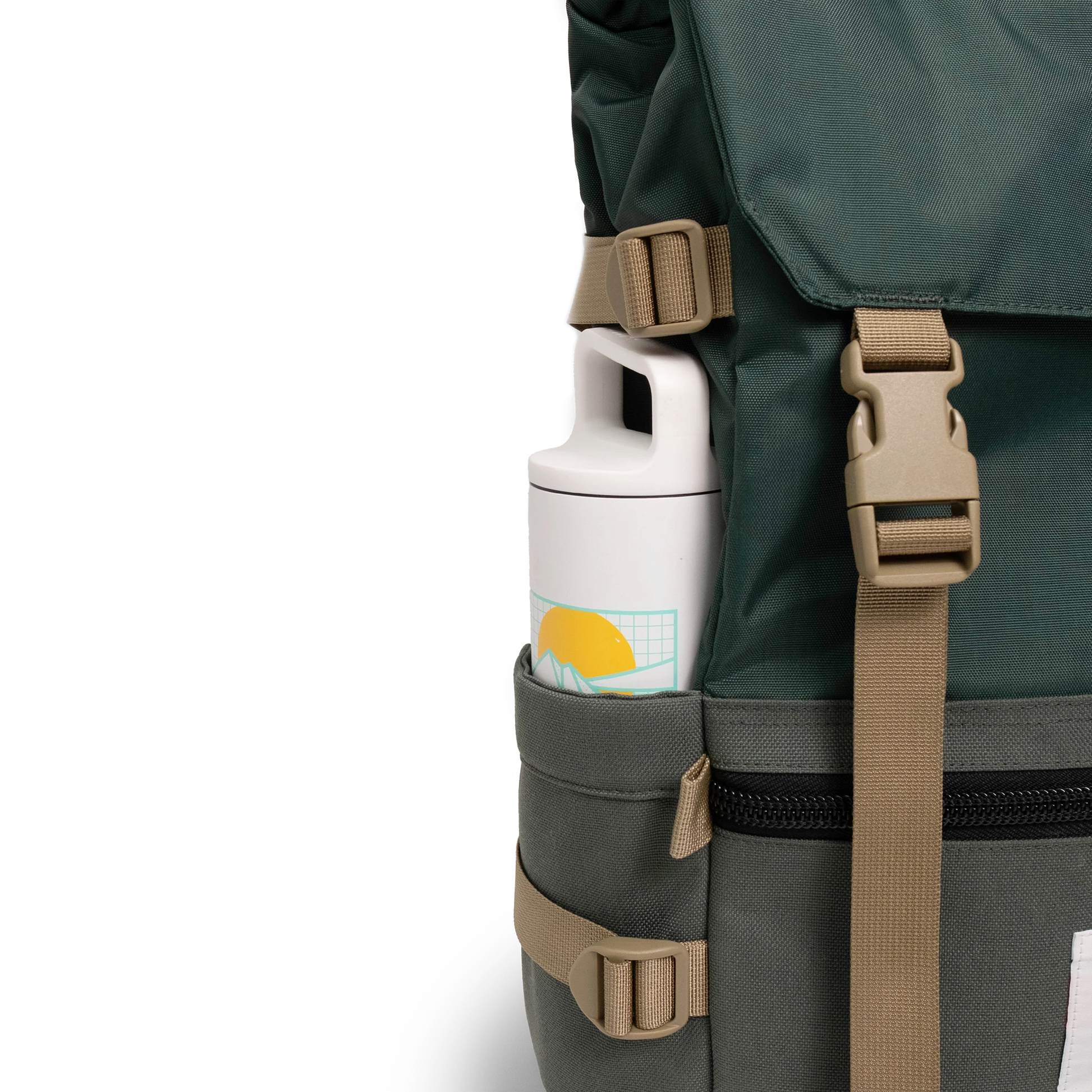 General shot Topo Designs Rover Pack Classic laptop backpack in "Forest" showing water bottle pocket.