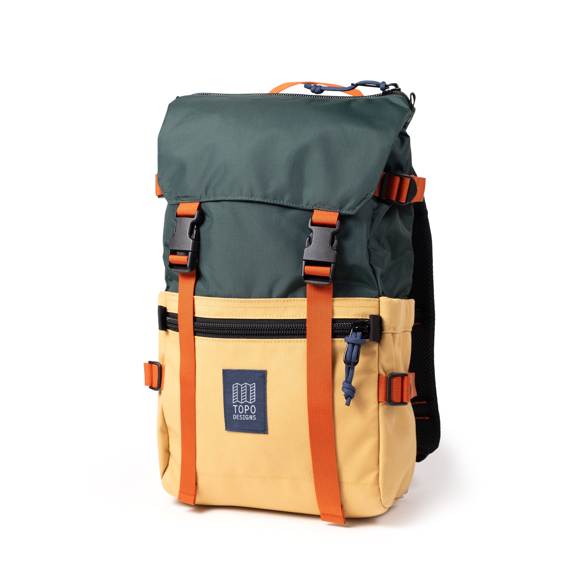 Quarter View of Topo Designs Rover Pack Classic in "Forest / Goldenrod"