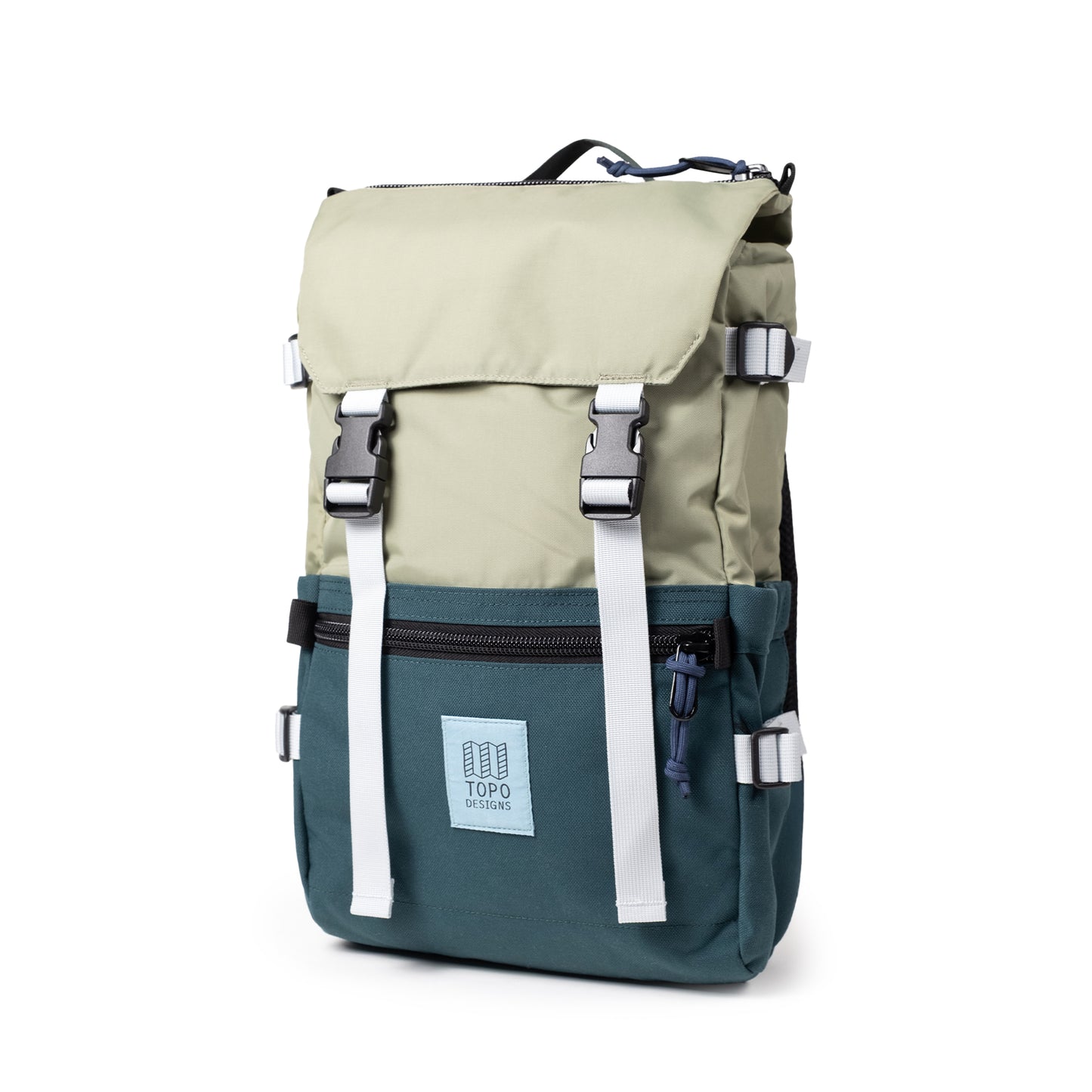 Quarter View of Topo Designs Rover Pack Classic in "Oil Green / Dark Pine"