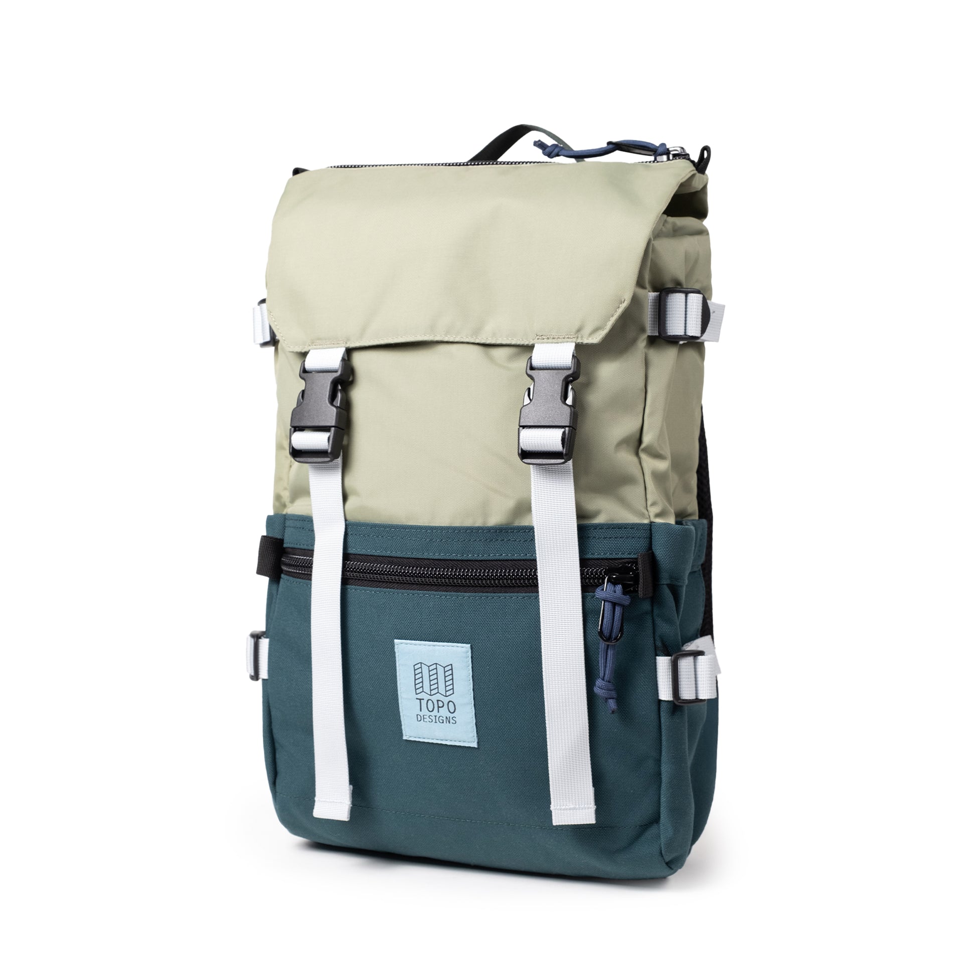 Quarter View of Topo Designs Rover Pack Classic in "Oil Green / Dark Pine"