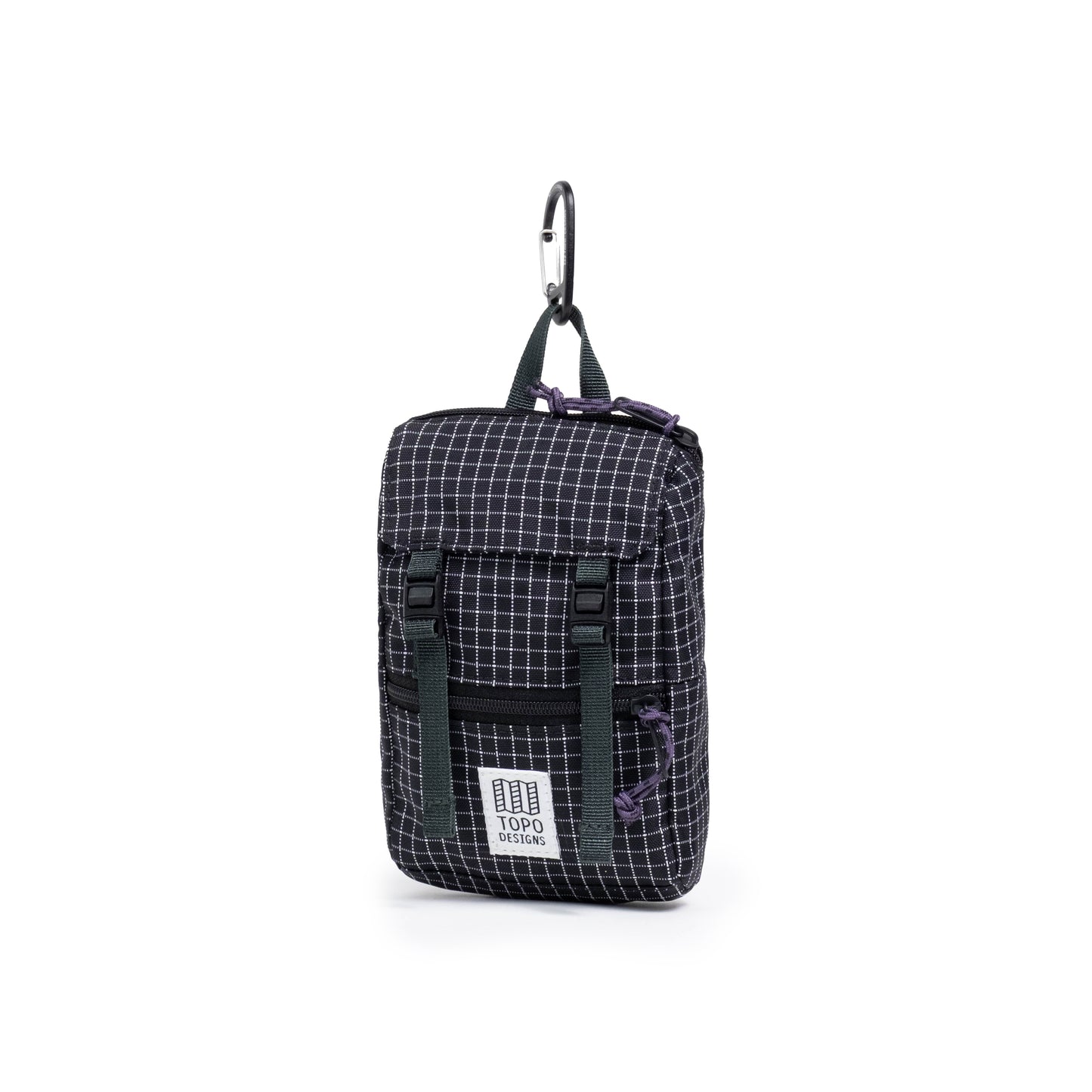 Front Quarter View of Topo Designs Rover Pack Micro in "Black / White Grid"