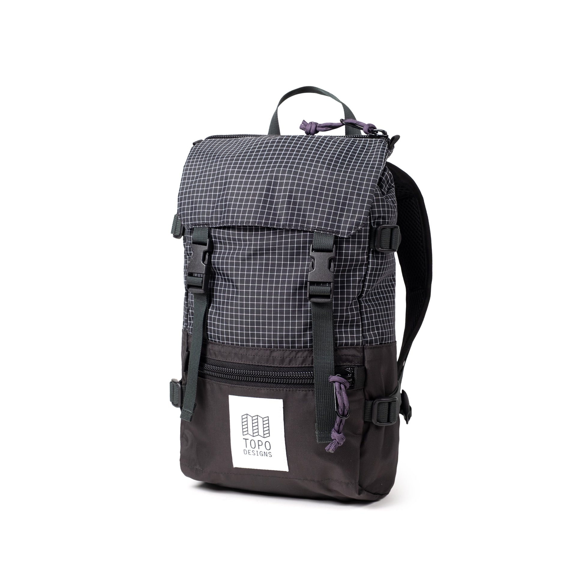 Quarter View of Topo Designs Rover Pack Mini in "Black Grid"