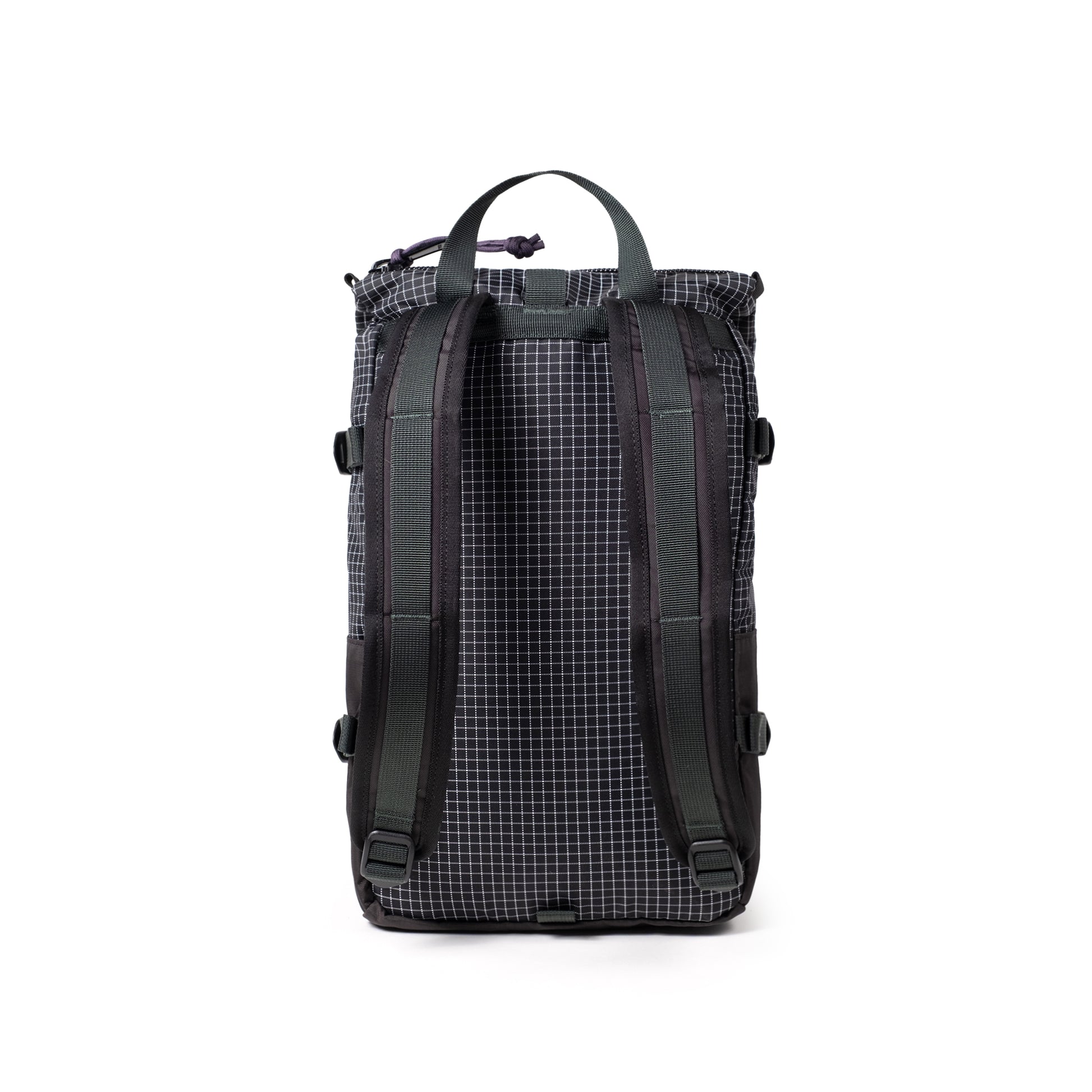 Back View of Topo Designs Rover Pack Mini in "Black Grid"