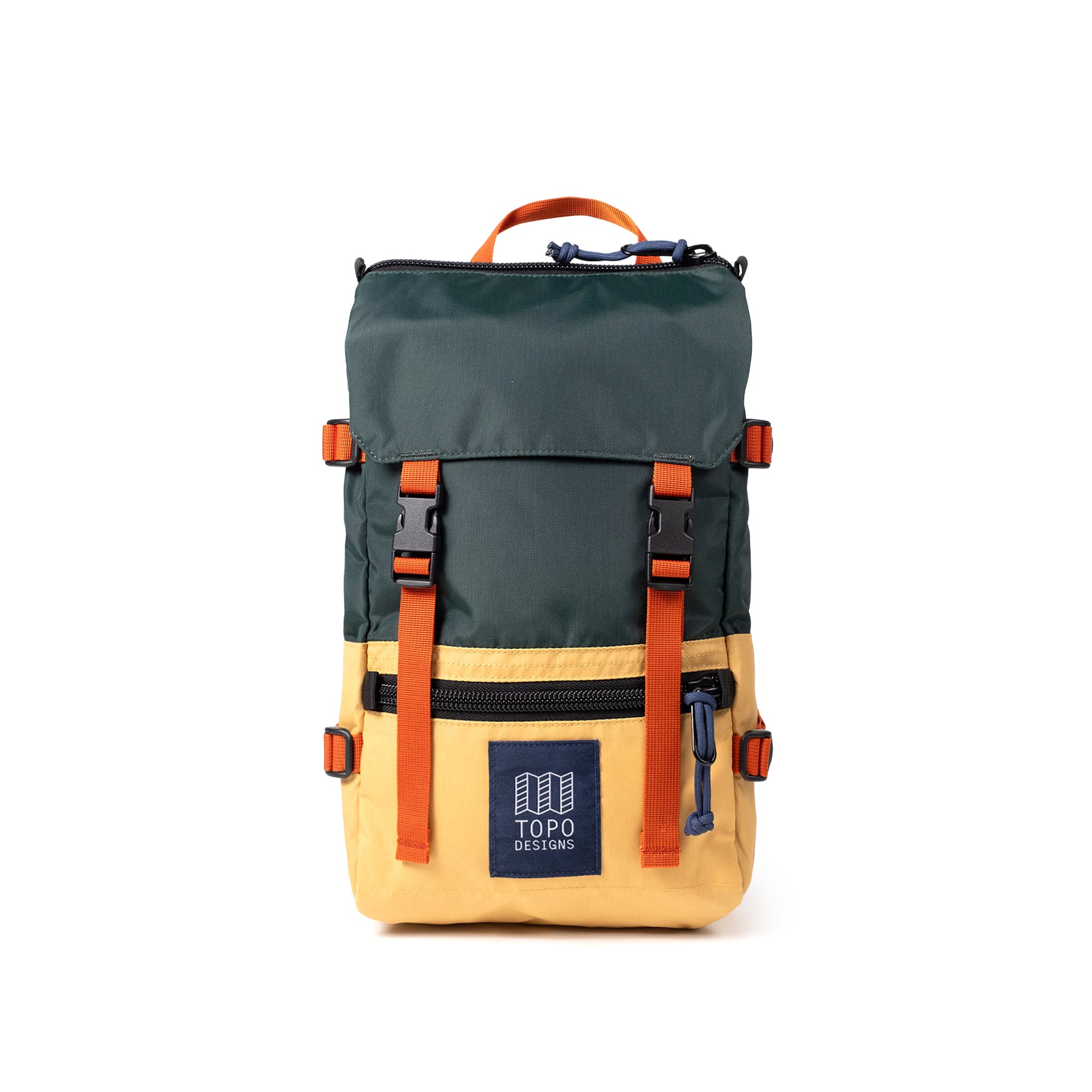 Front View of Topo Designs Rover Pack Mini in "Forest / Goldenrod"