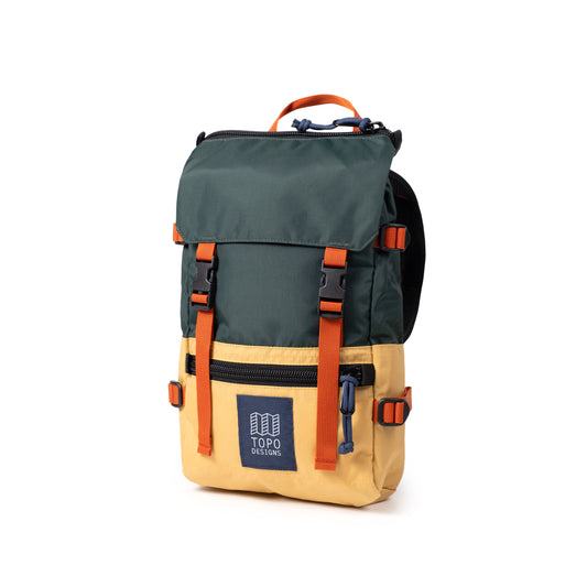 Quarter View of Topo Designs Rover Pack Mini in "Forest / Goldenrod"
