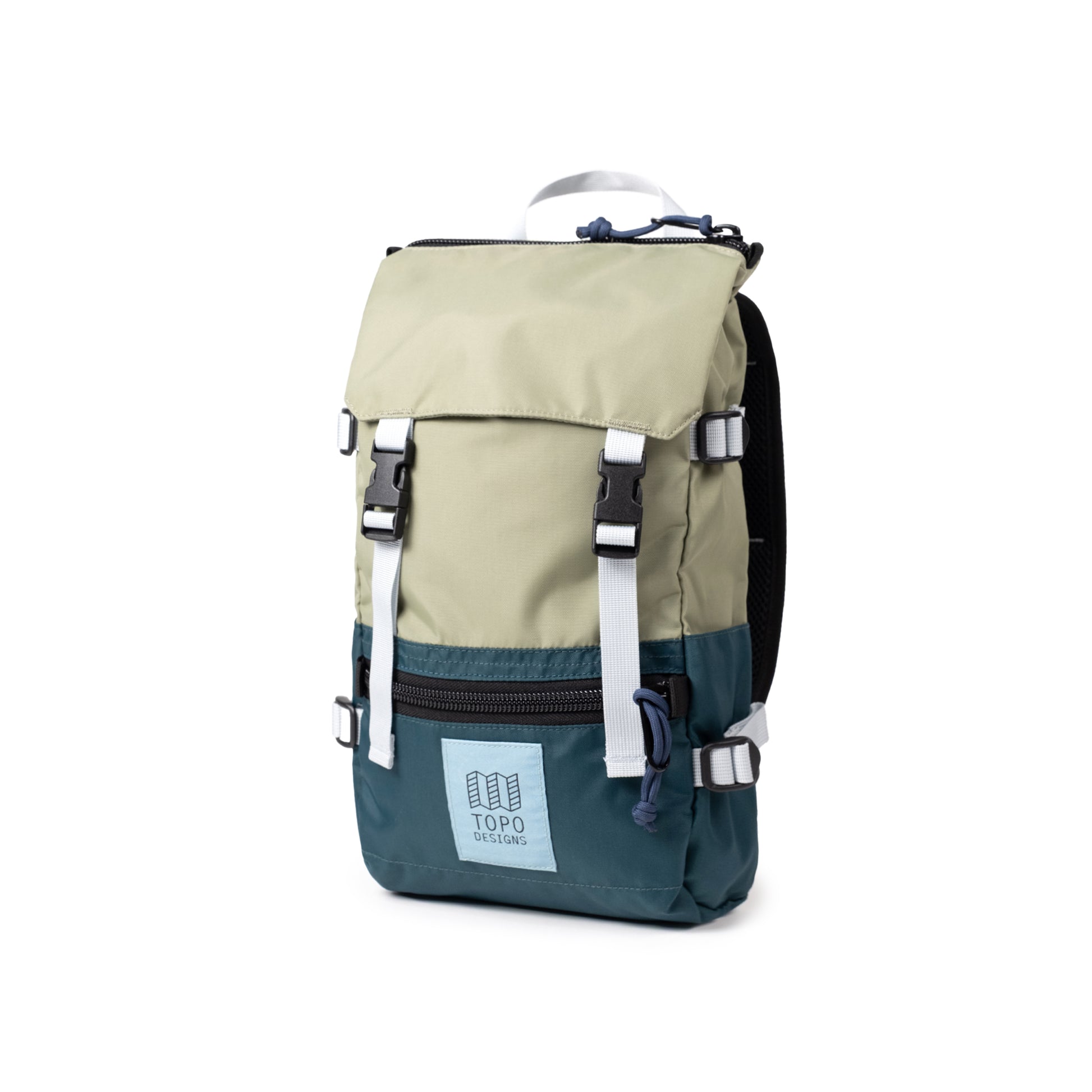 Quarter View of Topo Designs Rover Pack Mini in "Oil Green / Dark Pine"