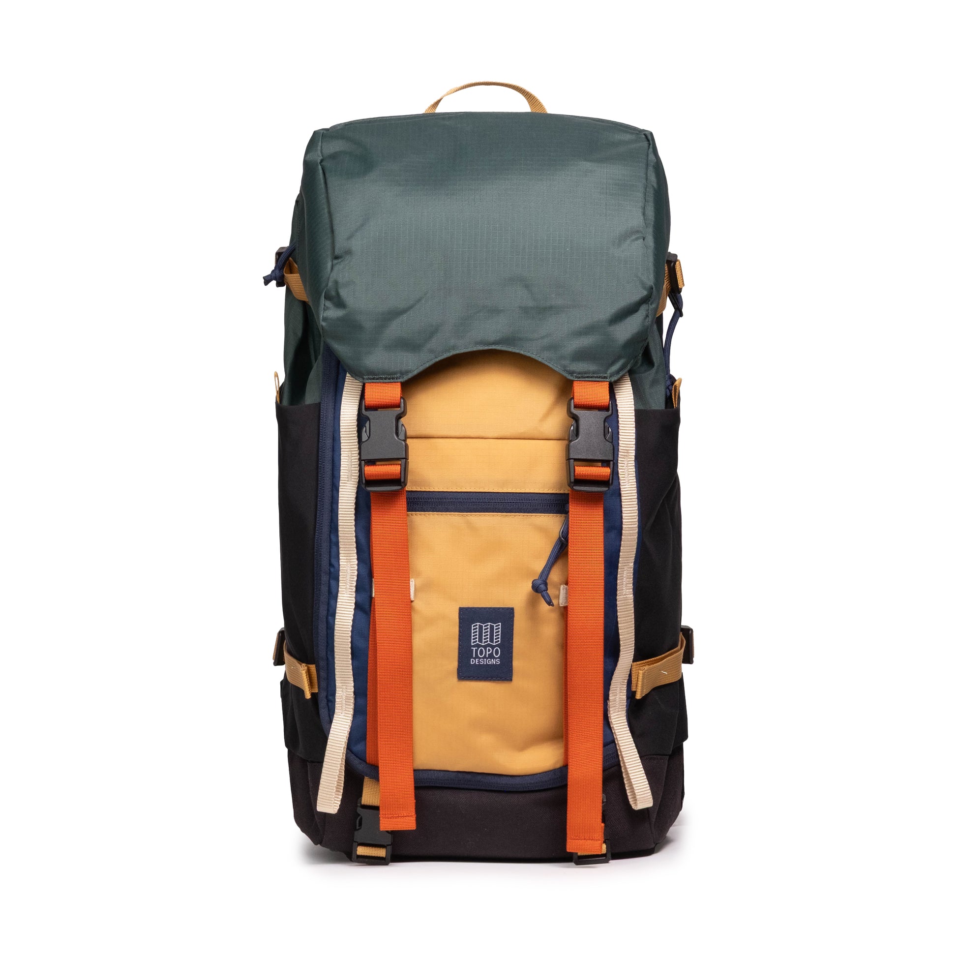 Front View of Topo Designs Rover Trail Pack 22L in "Forest / Goldenrod"