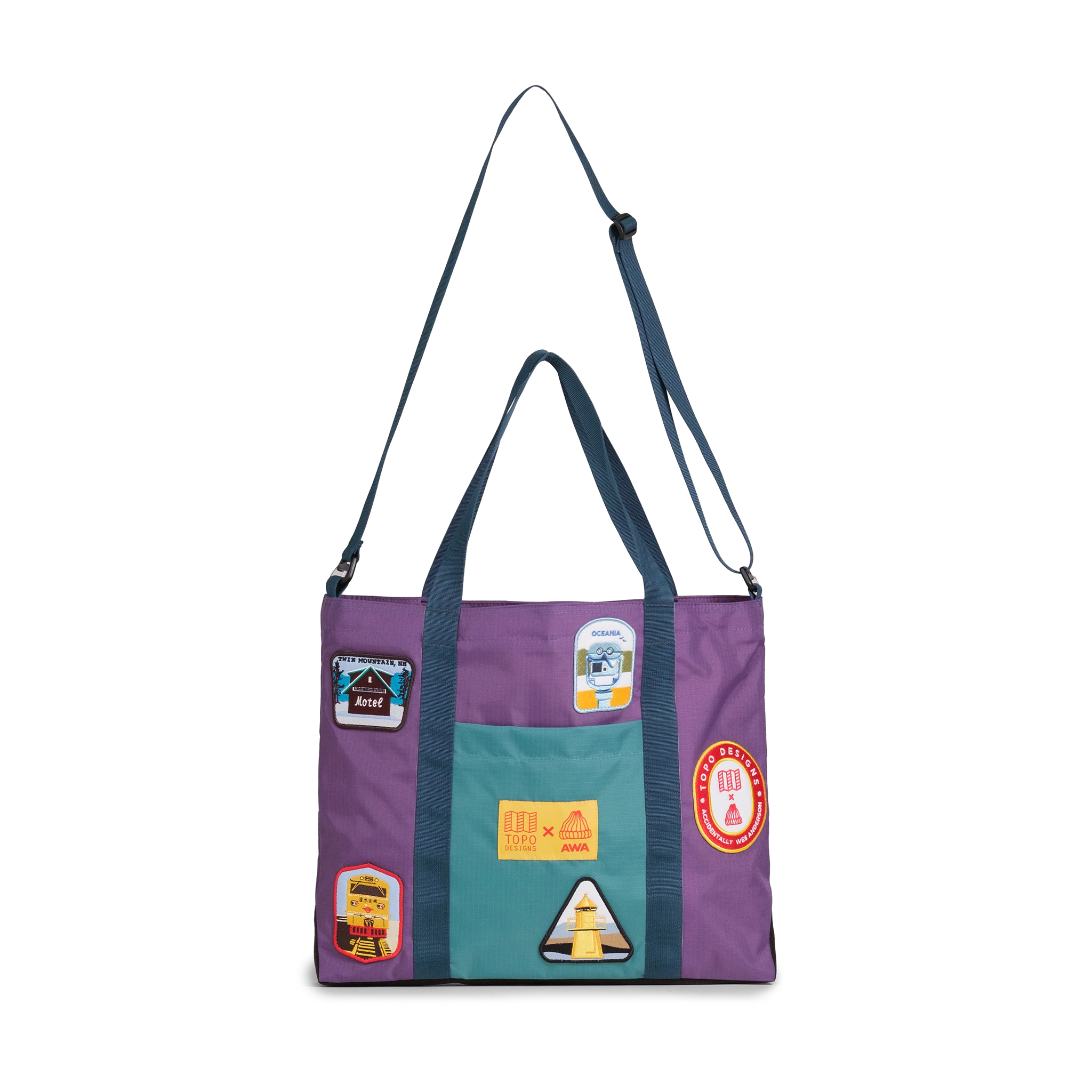 Front image of Topo Designs x AWA Mountain Essential Tote in "Loganberry / Caribbean" with shoulder strap extended