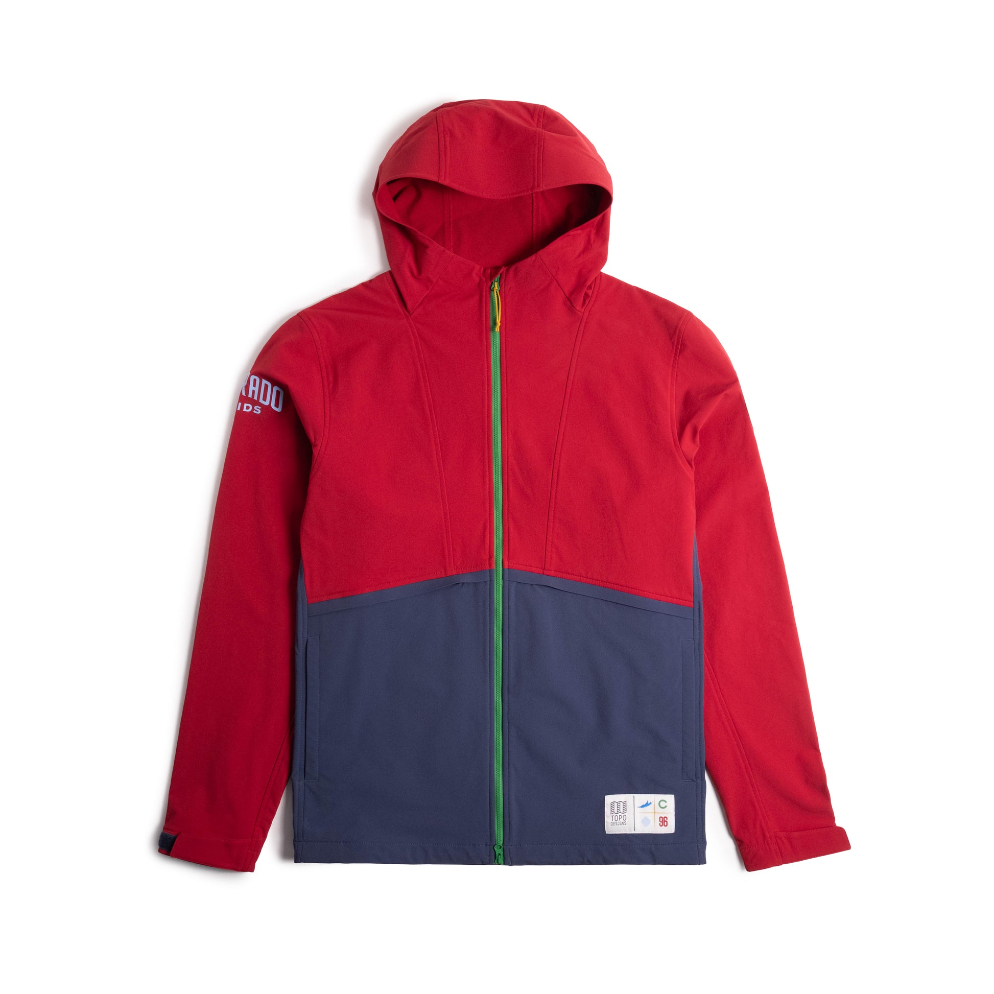 Front view of Topo Designs x Colorado Rapids HighPeak Jacket in "Rio Red / Midnight"