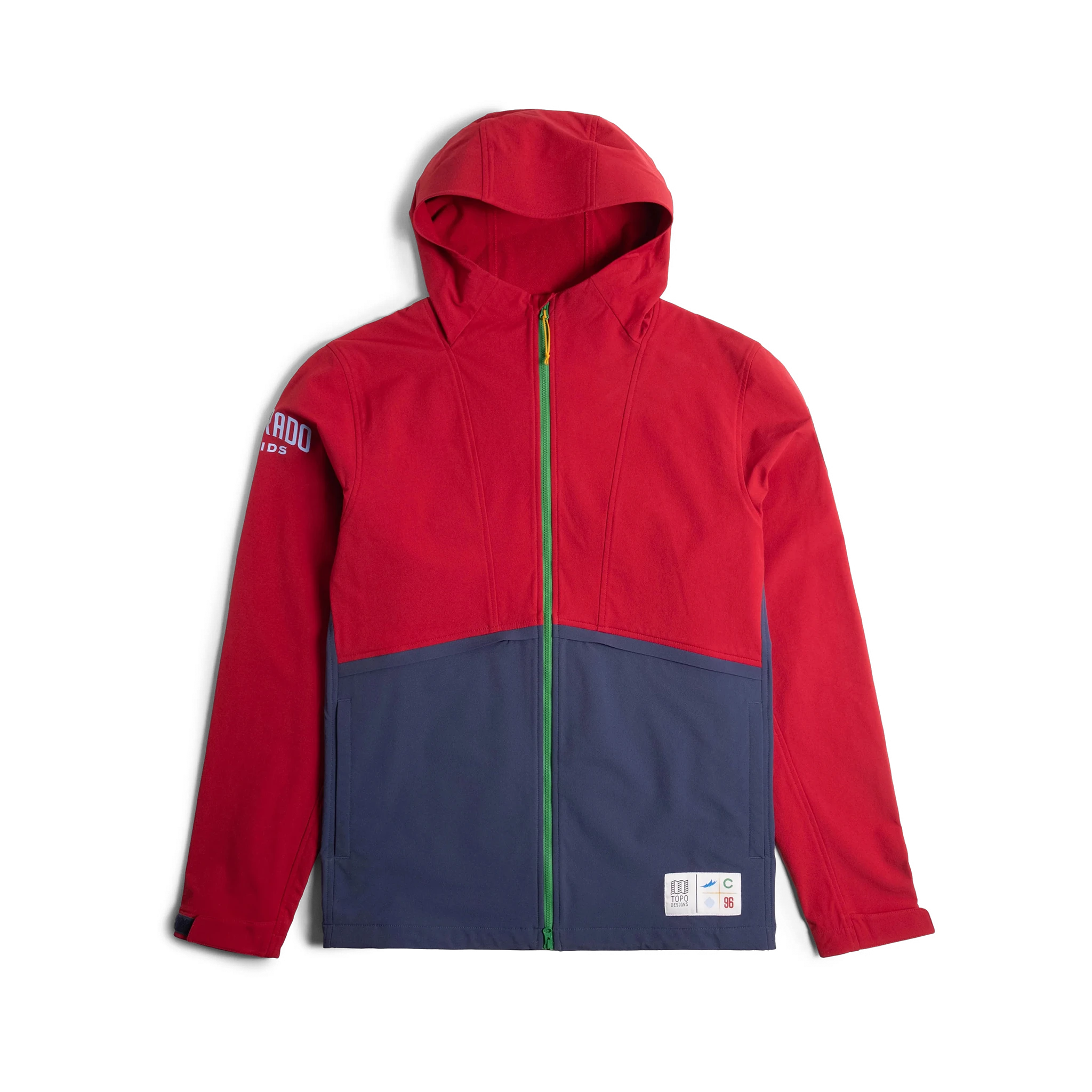 Front view of Topo Designs x Colorado Rapids HighPeak Jacket in "Rio Red / Midnight"