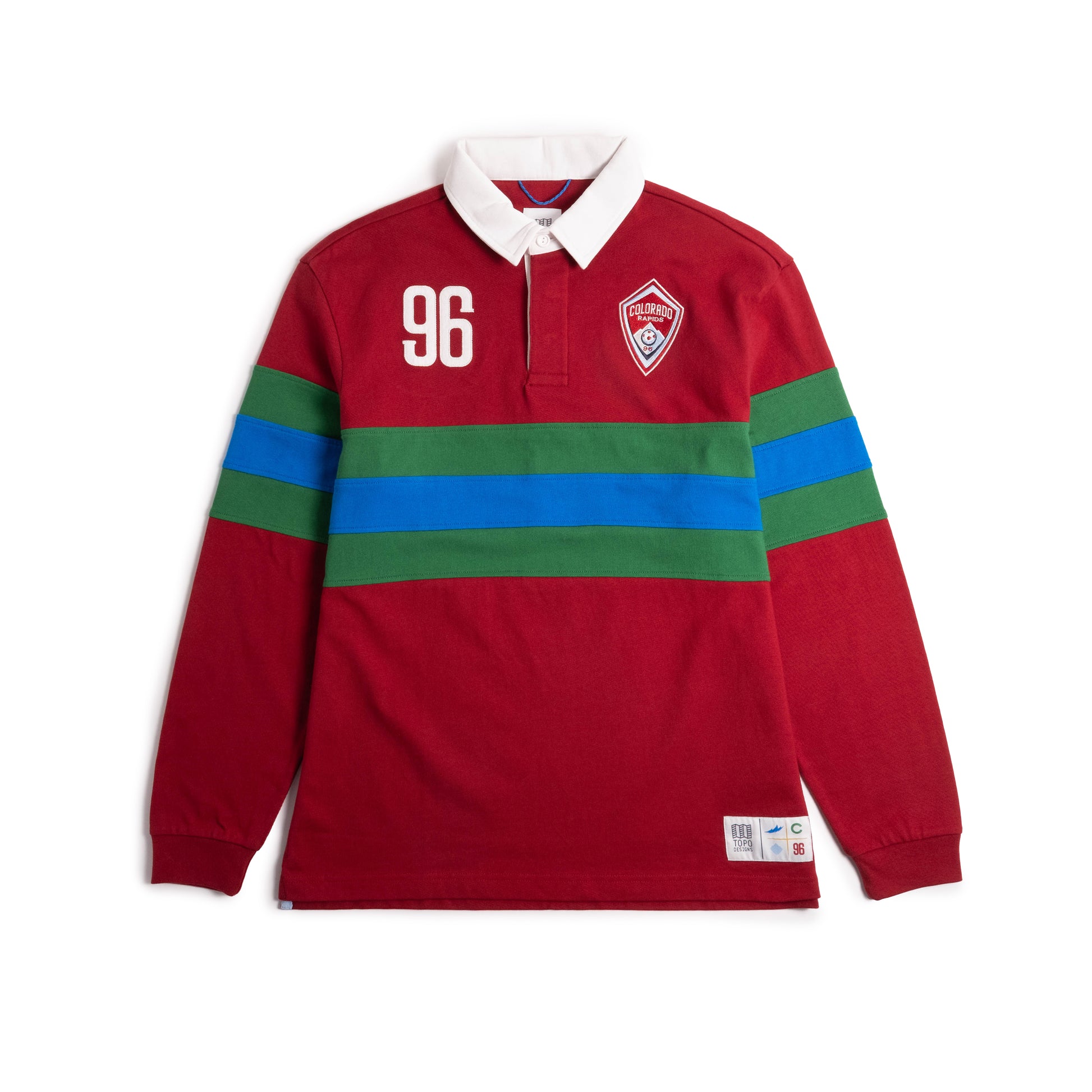 Front view of Topo Designs x Colorado Rapids Mountain Rugby Shirt in "Rio Red"