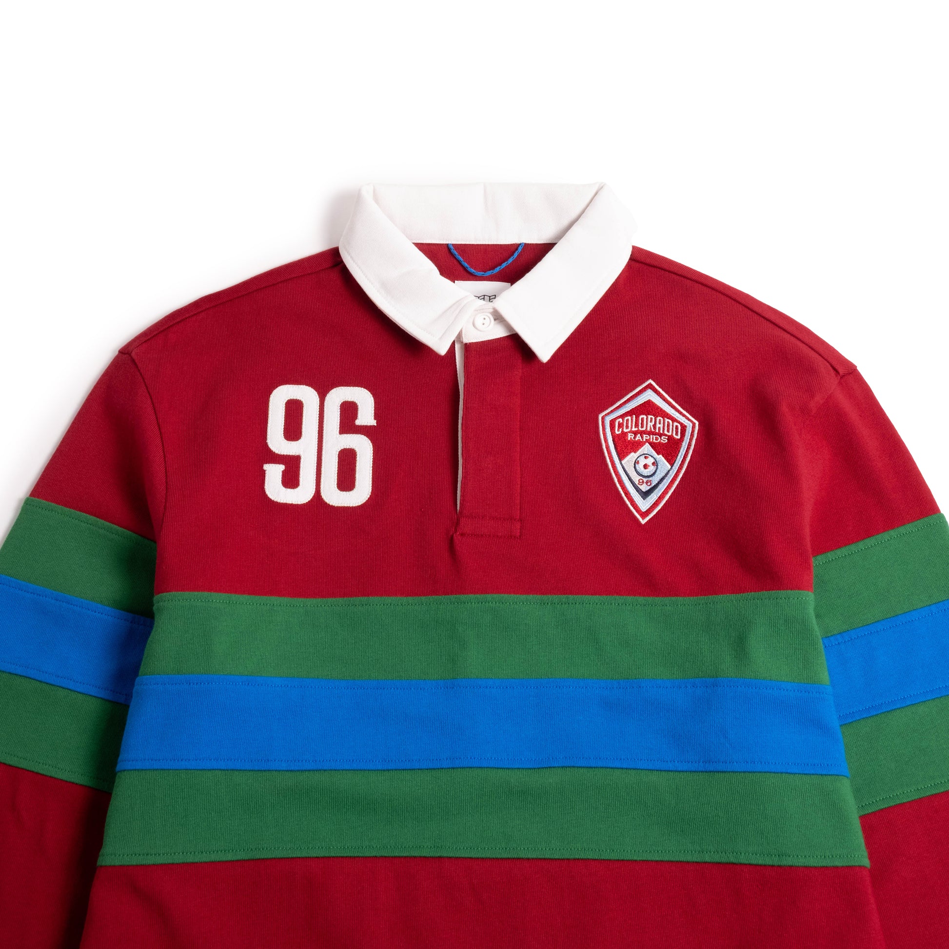 Front detail view of Topo Designs x Colorado Rapids Mountain Rugby Shirt in "Rio Red"