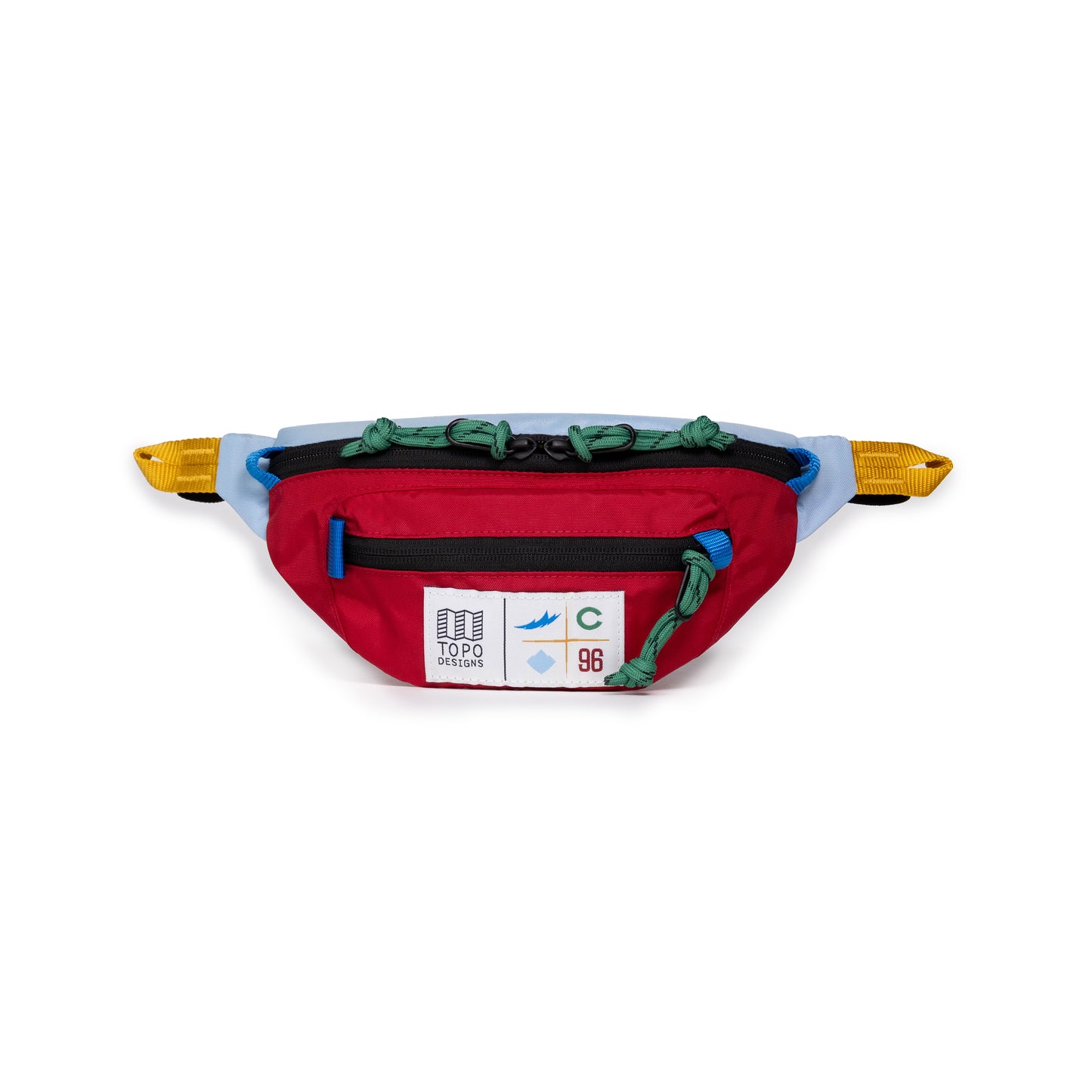 Front view of Topo Designs x Colorado Rapids Mountain Waist Pack in "Rio Red / Glacier Blue"