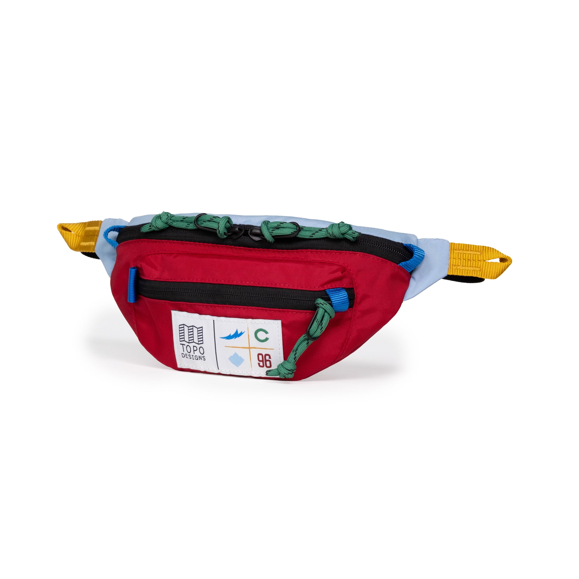 Front quarter view of Topo Designs x Colorado Rapids Mountain Waist Pack in "Rio Red / Glacier Blue"