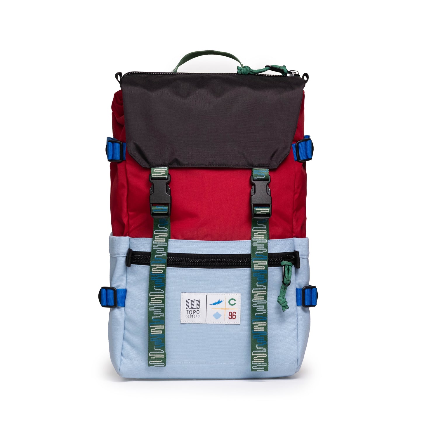Front view of Topo Designs x Colorado Rapids Rover Pack Classic in "Rio Red / Glacier Blue"