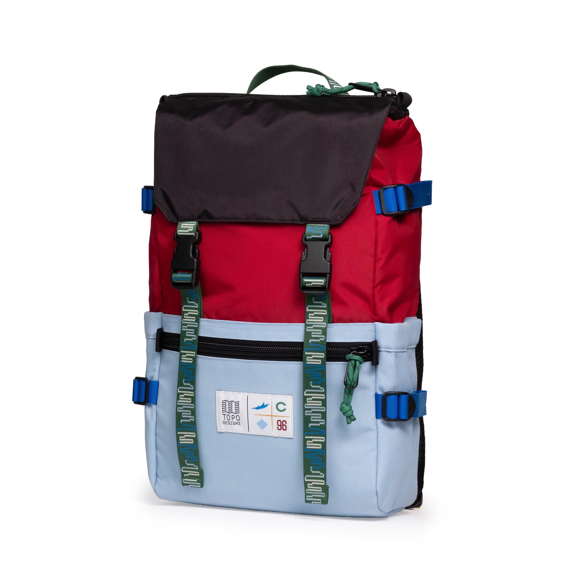 Front quarter view of Topo Designs x Colorado Rapids Rover Pack Classic in "Rio Red / Glacier Blue"