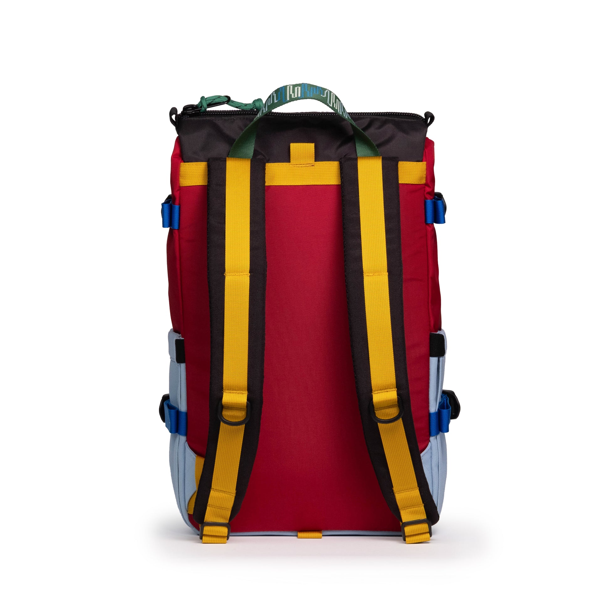 Back view of Topo Designs x Colorado Rapids Rover Pack Classic in "Rio Red / Glacier Blue"
