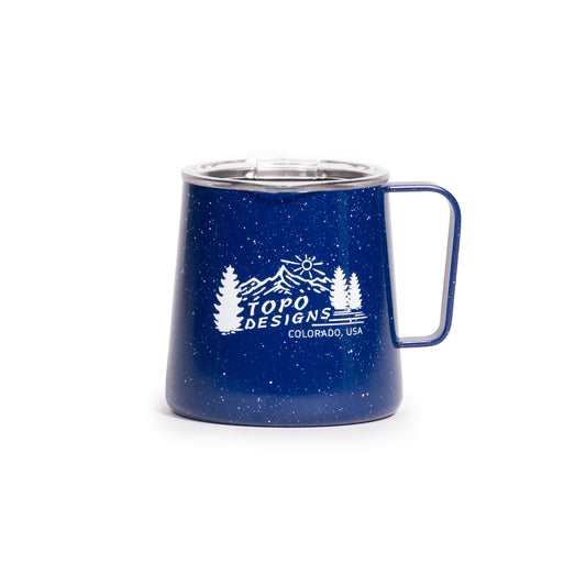 Front white background image of Topo Designs x MiiR Grounded Camp Cup in "Blue Speckle"