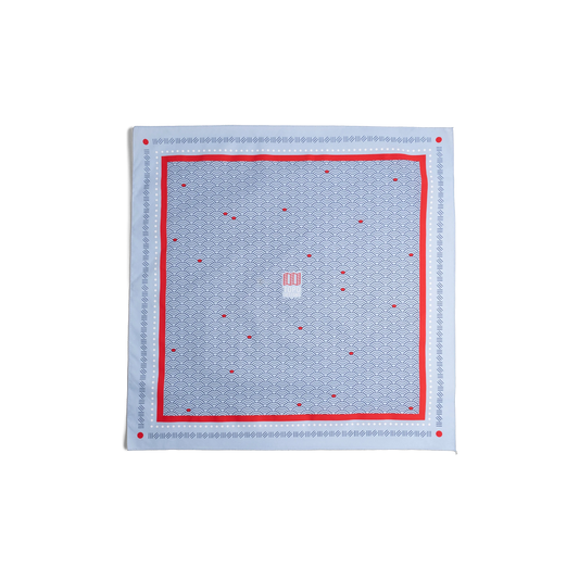 Front flay lay image of Topo Designs x Pine Printshop EBB Bandana in "Light Blue"