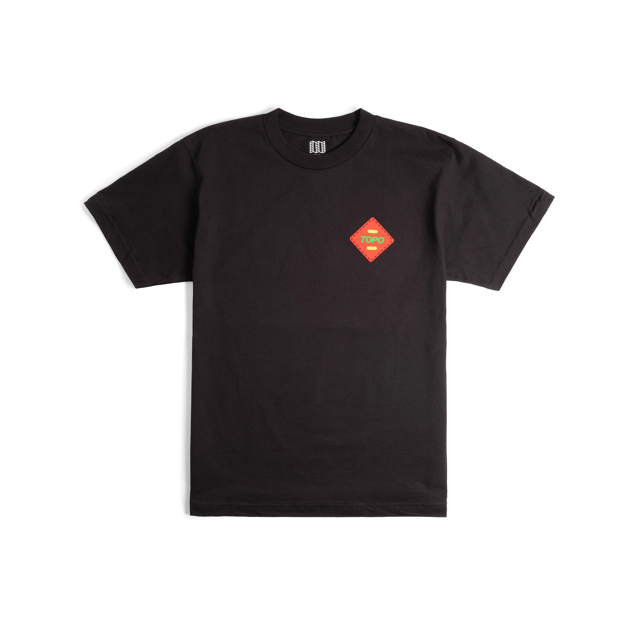 Front flat lay image of Topo Designs x Pine Printshop Klettersack Tee in "Black"