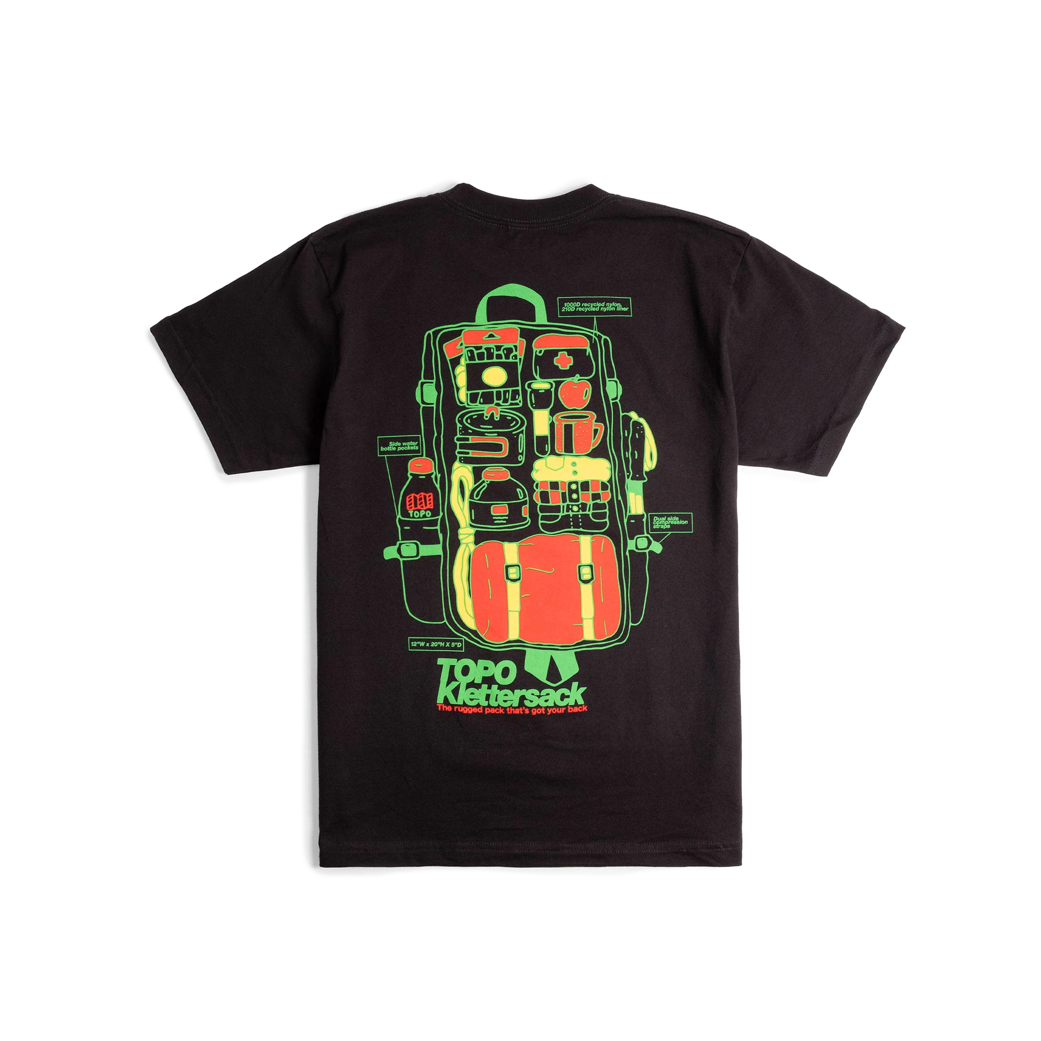 Back flat lay image of Topo Designs x Pine Printshop Klettersack Tee in "Black"