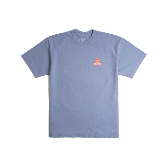 Front flat lay image of Topo Designs x Pine Printshop Proceed Slow Tee in "Clear Blue"