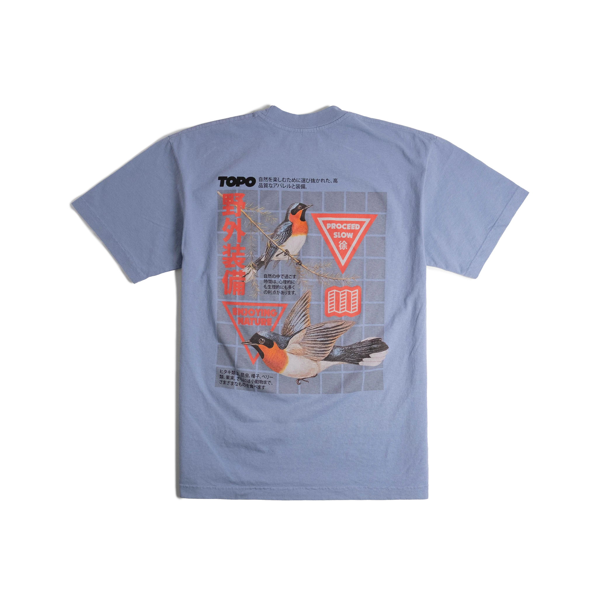 Back flat lay image of Topo Designs x Pine Printshop Proceed Slow Tee in "Clear Blue"
